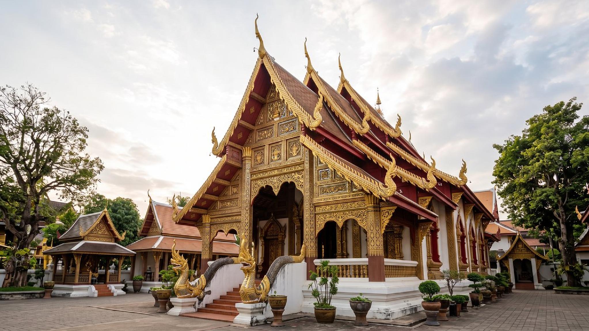 Traditional Thai temple with golden facade, red roofs, and Naga statues.