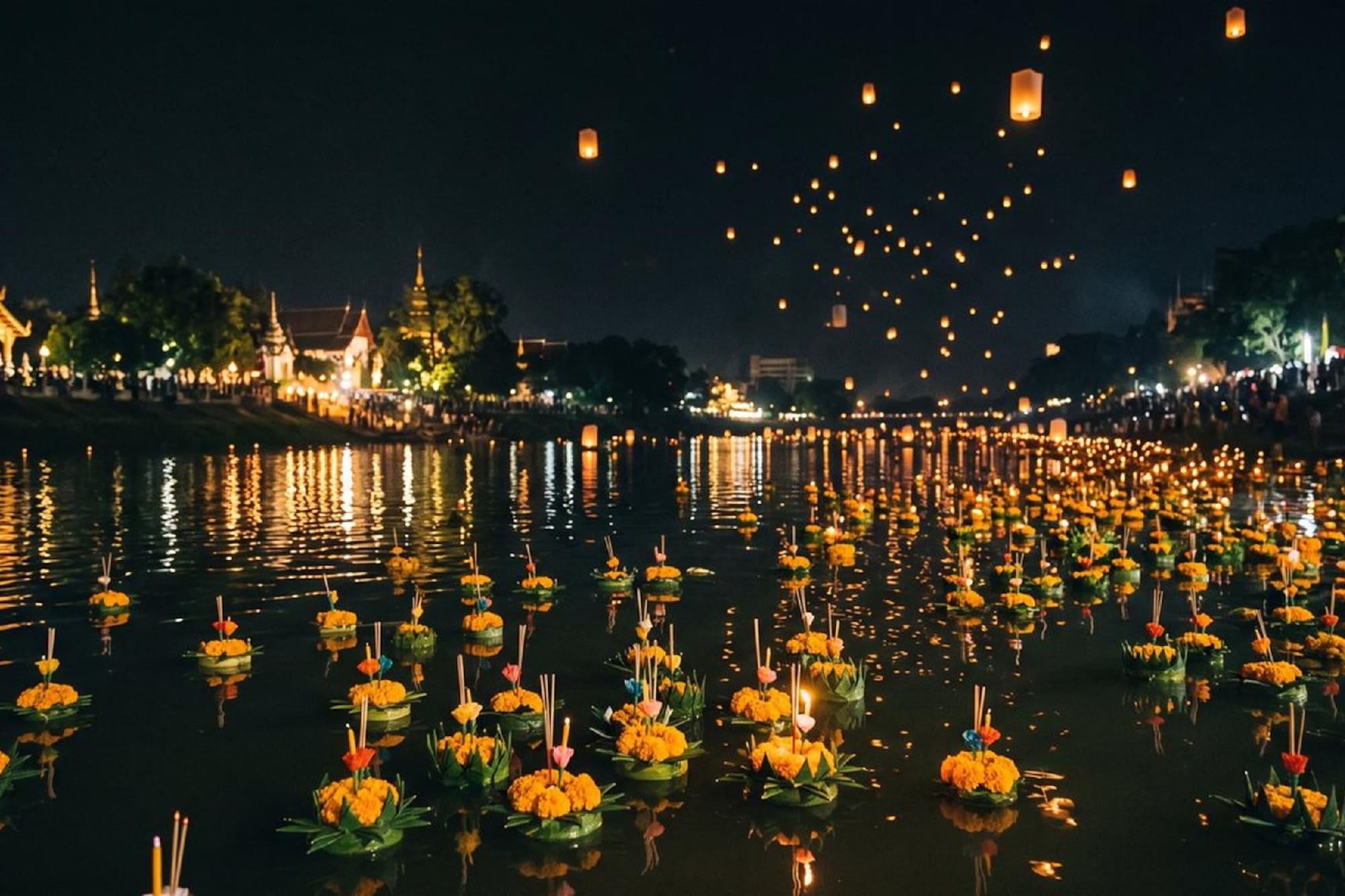 Loy Krathong festival: krathongs on river, sky lanterns illuminate night.