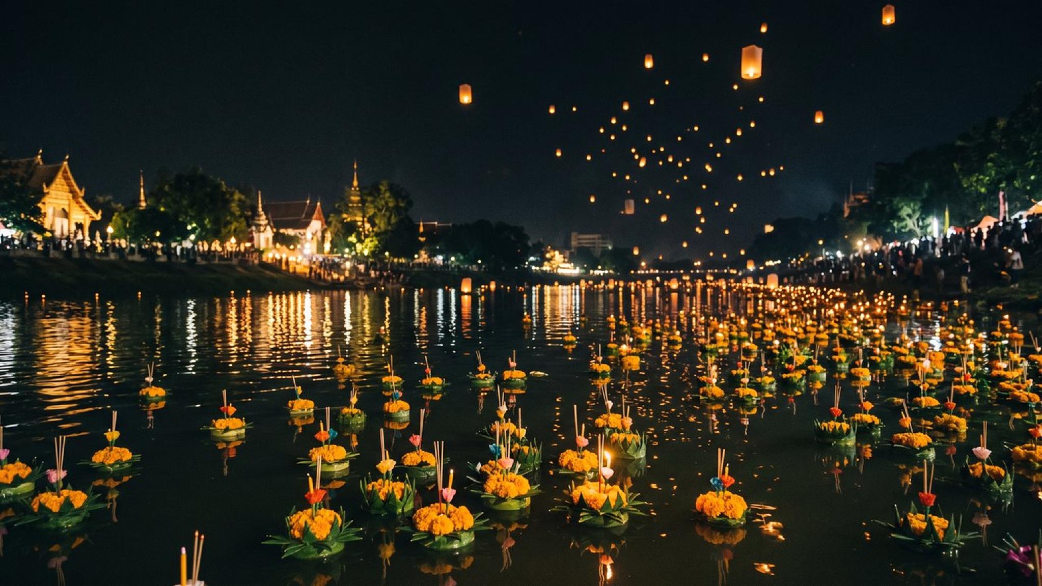 Loy Krathong festival: krathongs on river, sky lanterns illuminate night.