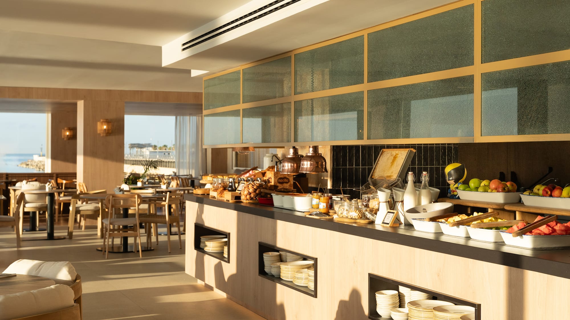 a buffet with food on the counter