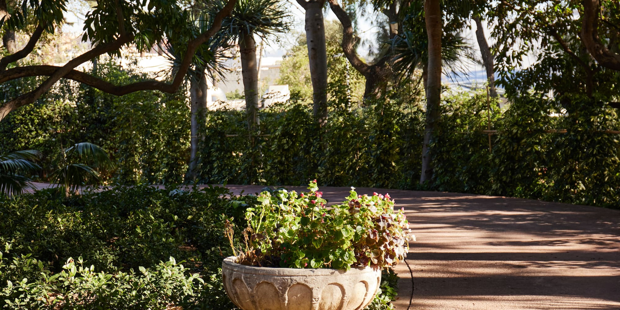 a stone pot with flowers in it surrounded by trees