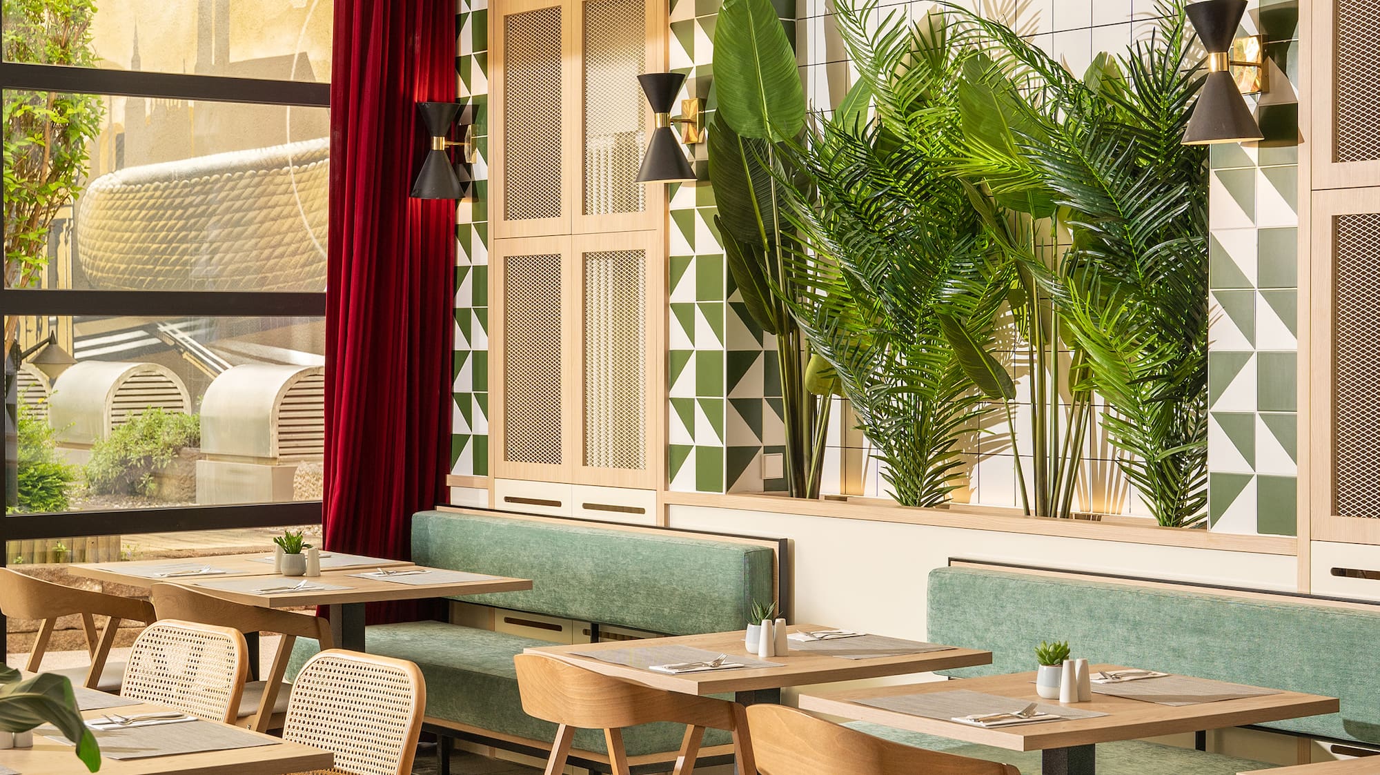 a room with tables and chairs