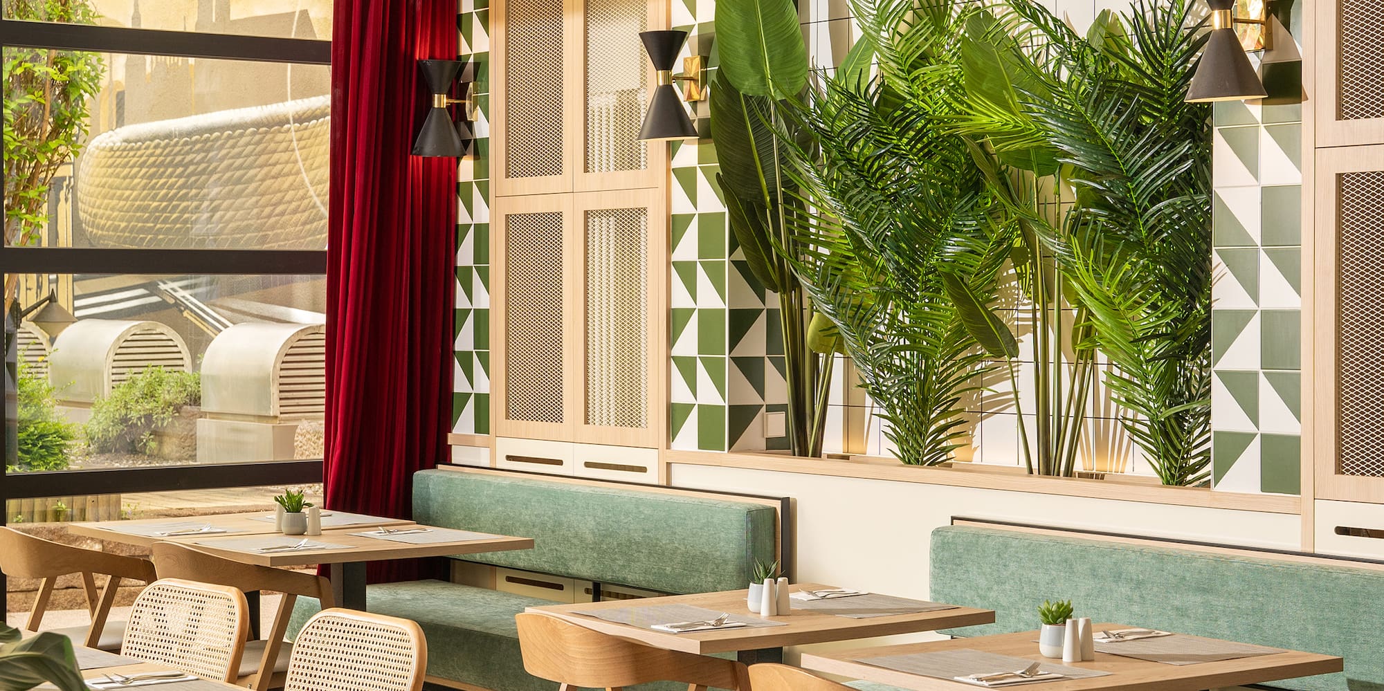 a room with tables and chairs