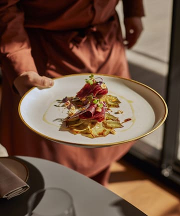 a person holding a plate of food