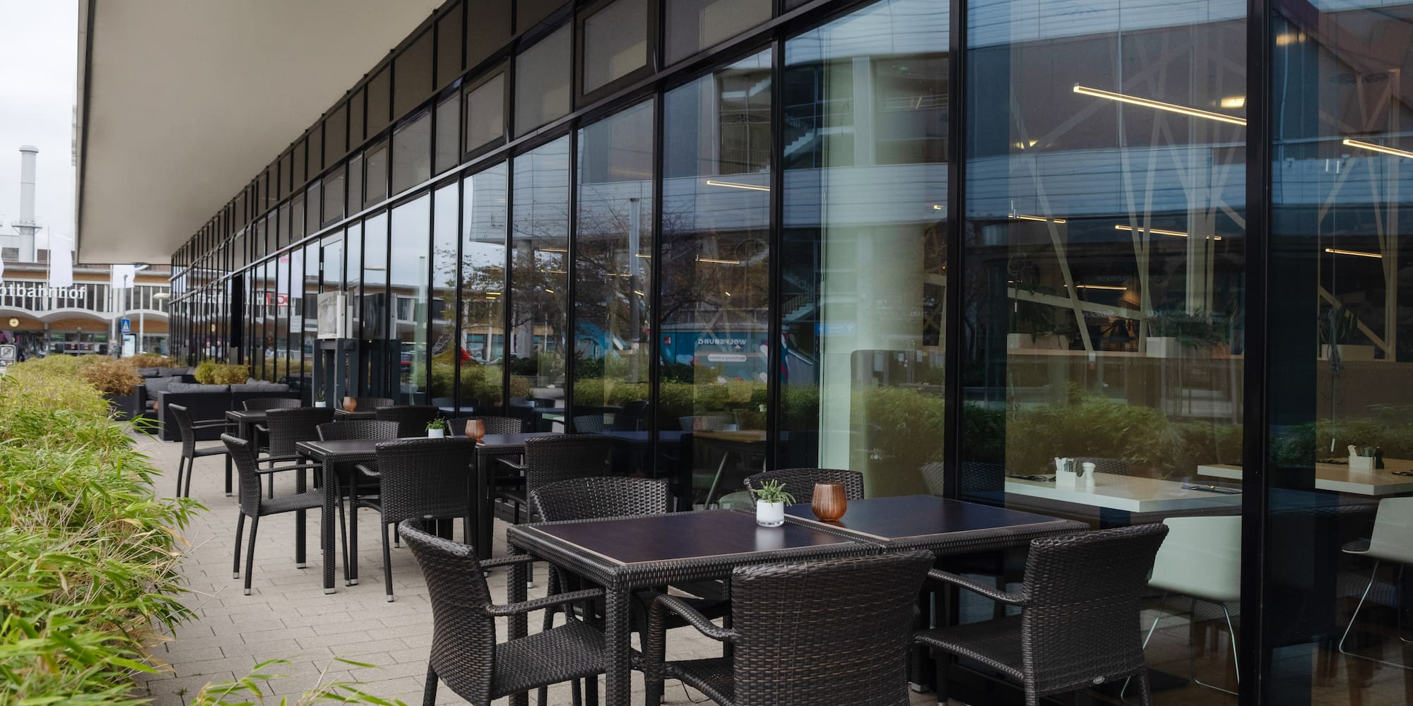 a tables and chairs outside of a building
