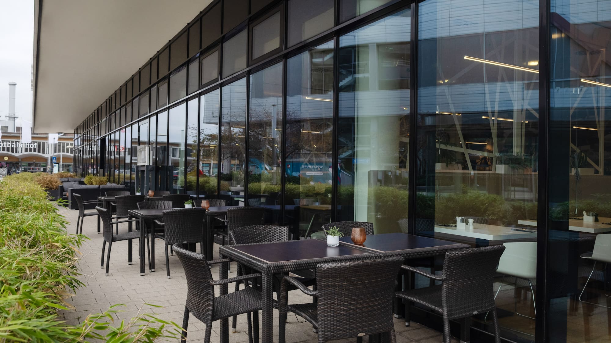 a tables and chairs outside of a building