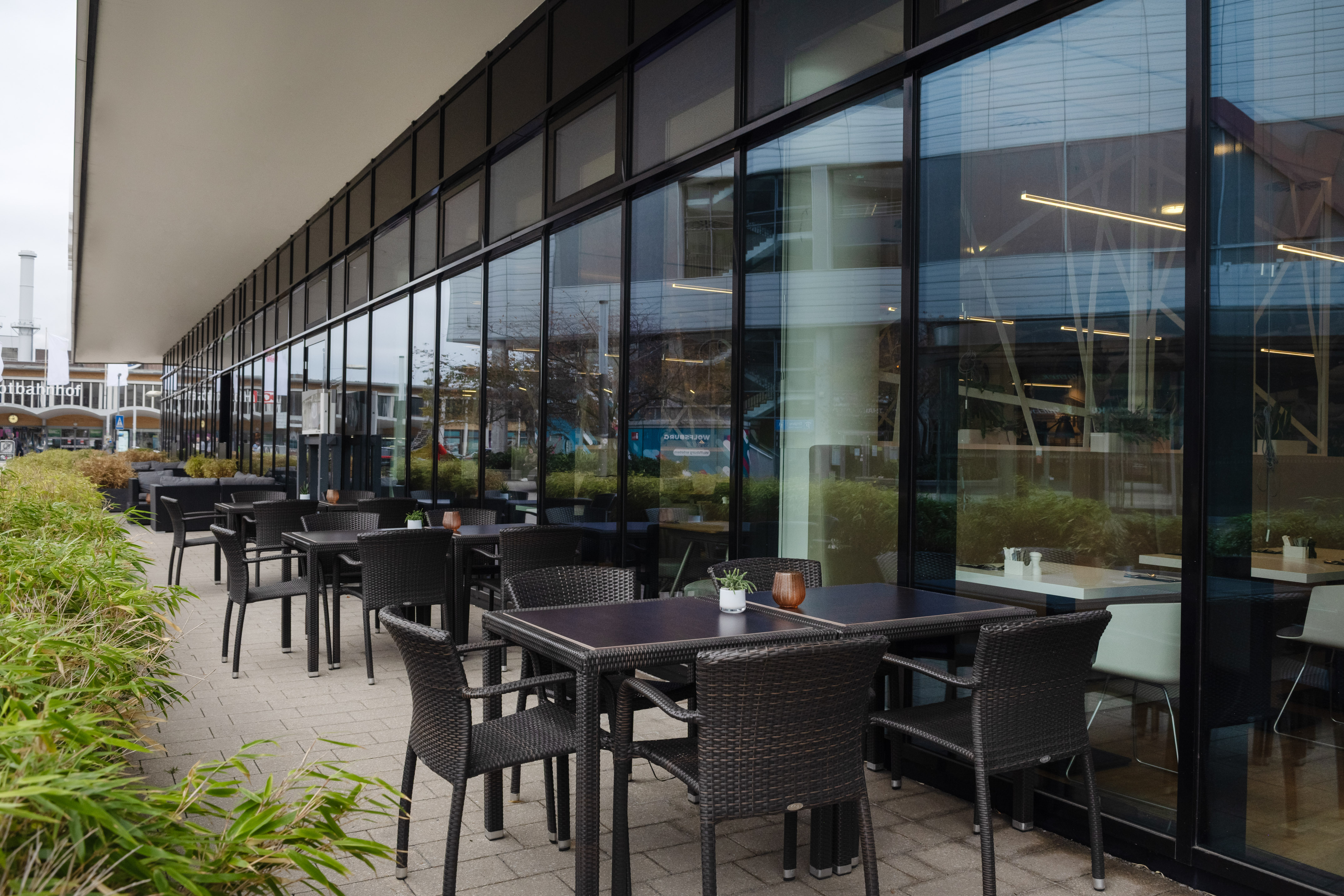 a tables and chairs outside of a building