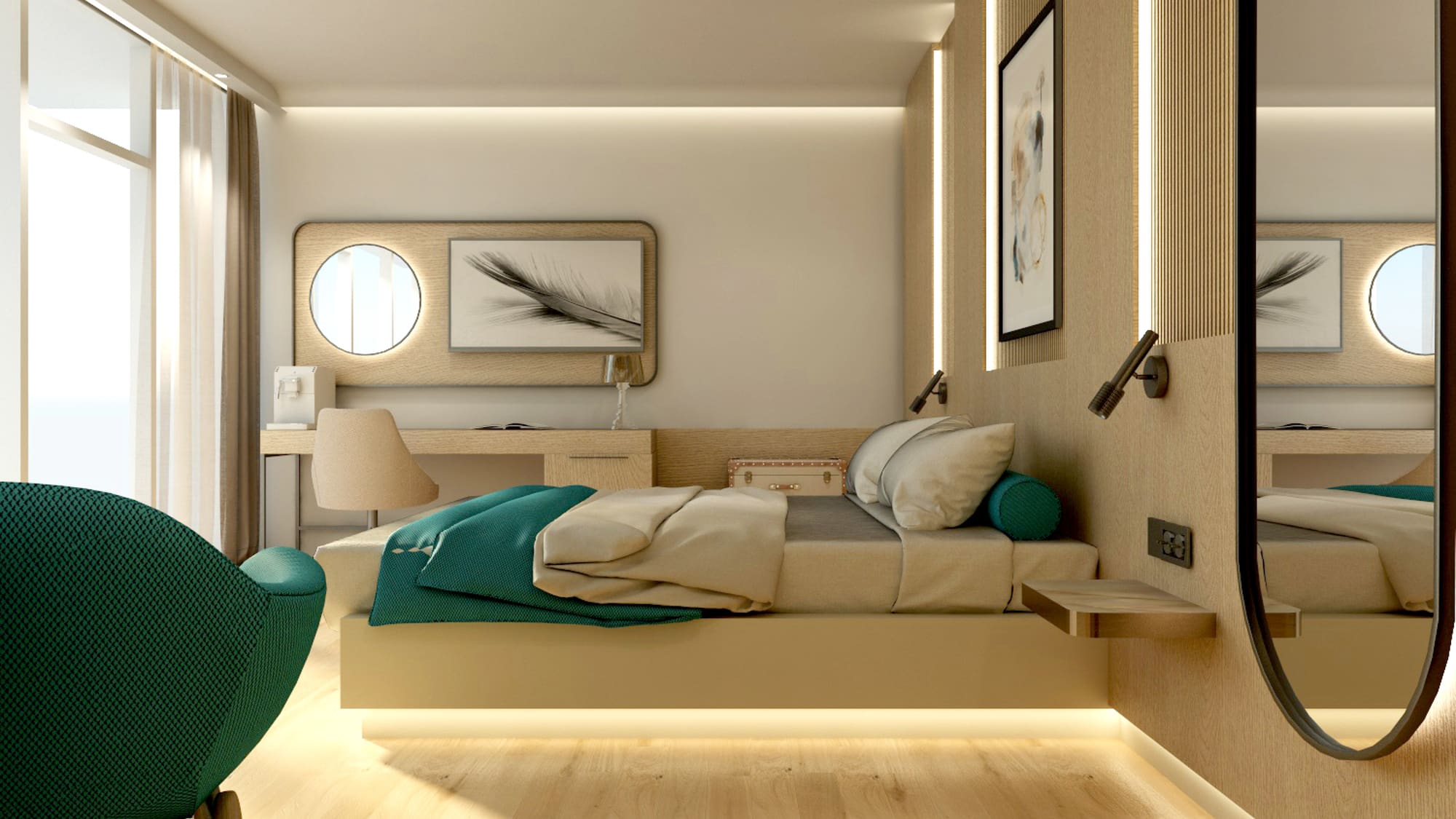 a bedroom with a bed and a chair
