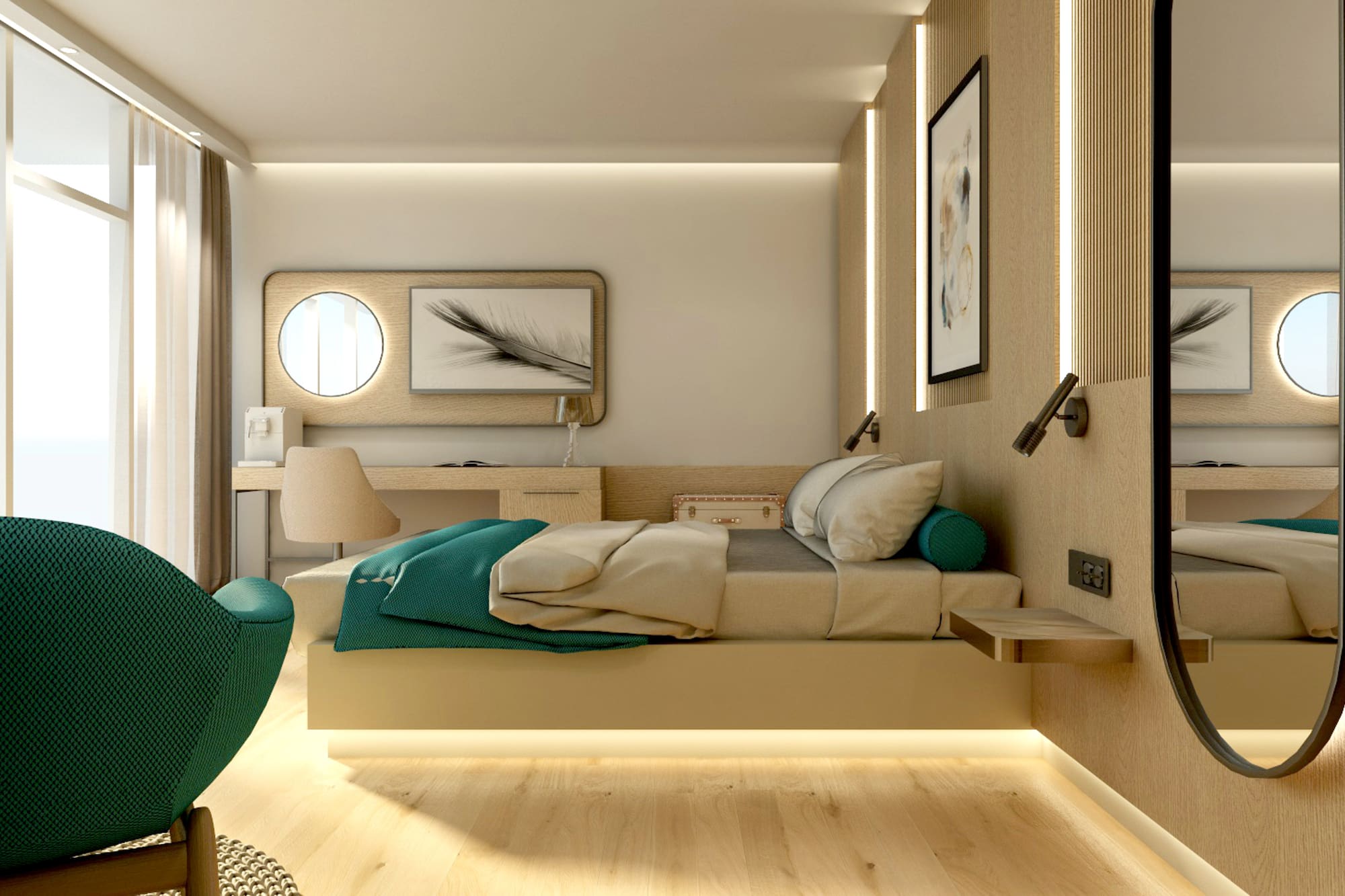 a bedroom with a bed and a chair