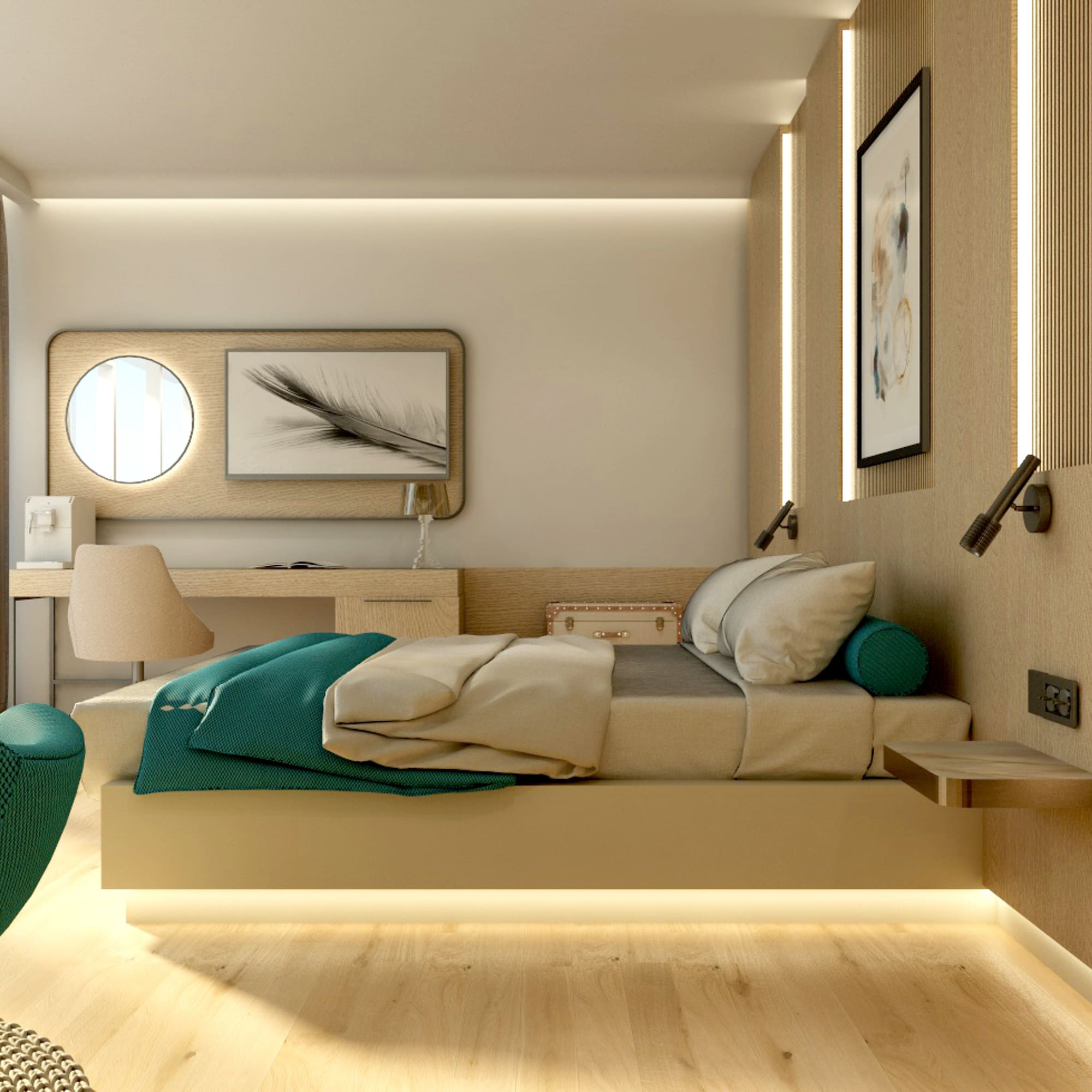 a bedroom with a bed and a chair