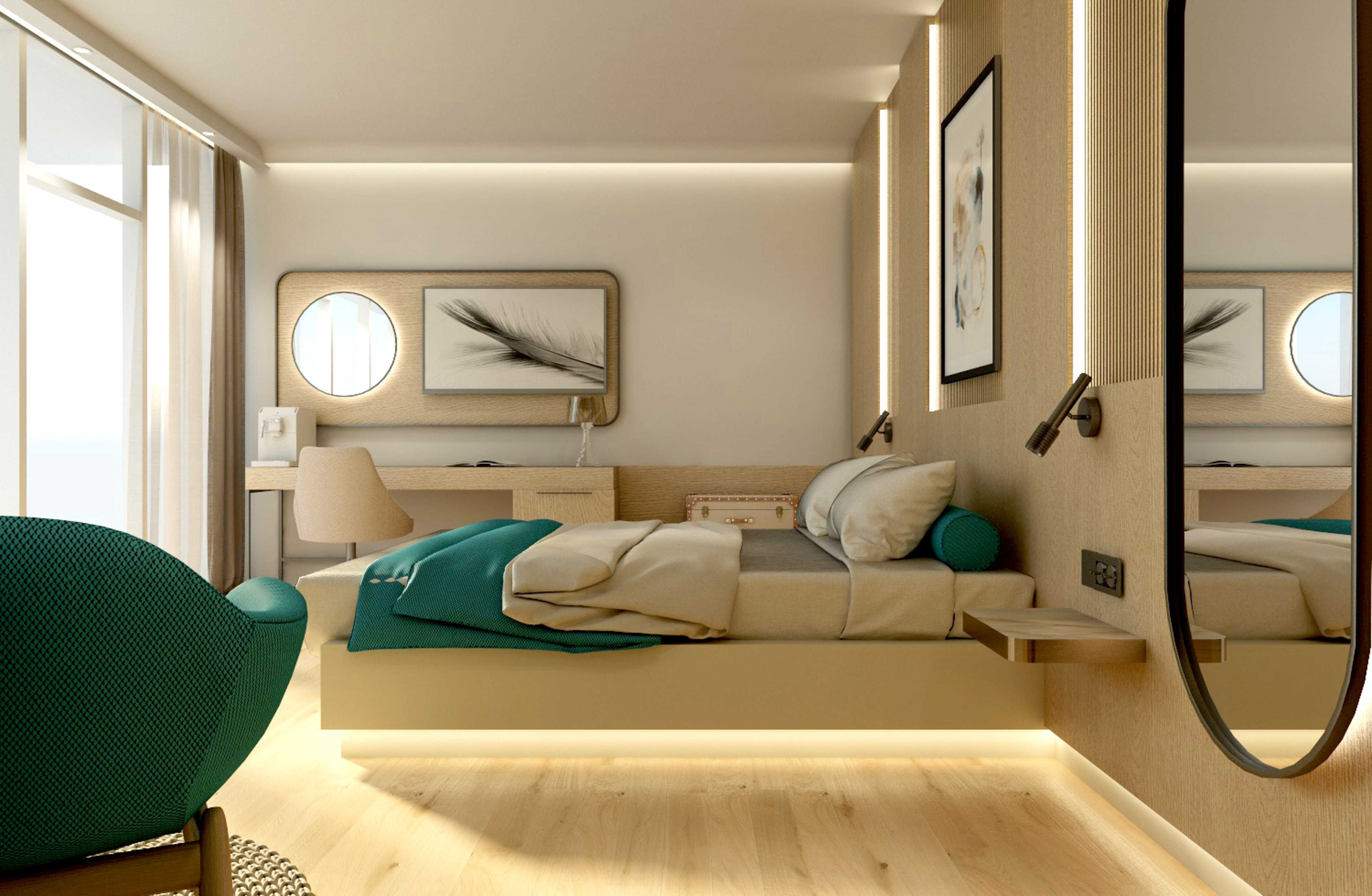 a bedroom with a bed and a chair