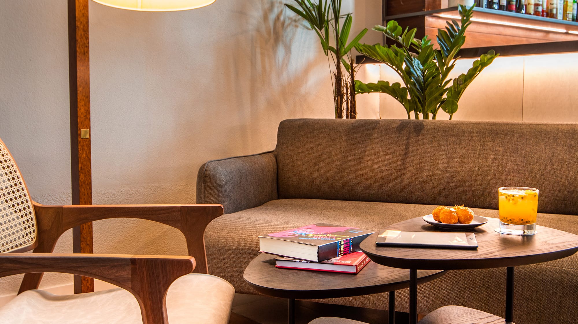 a living room with a couch and a table