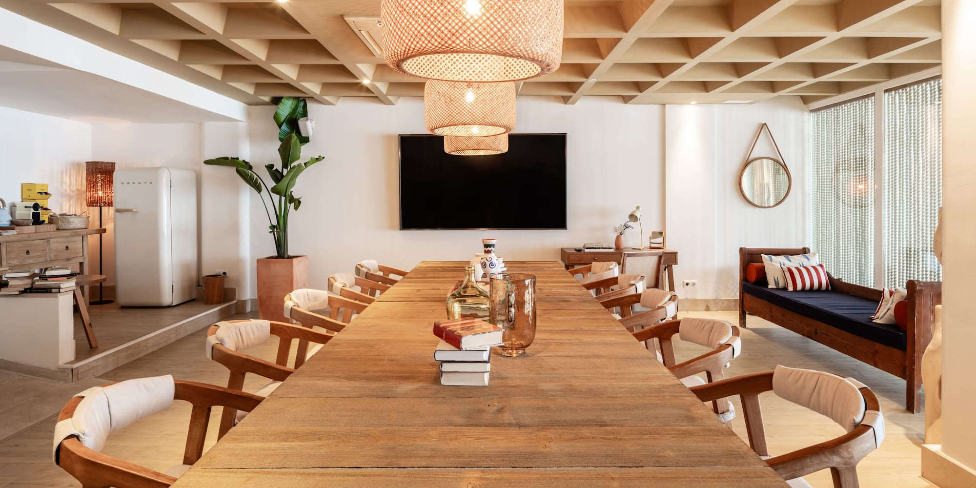 a room with a table and chairs