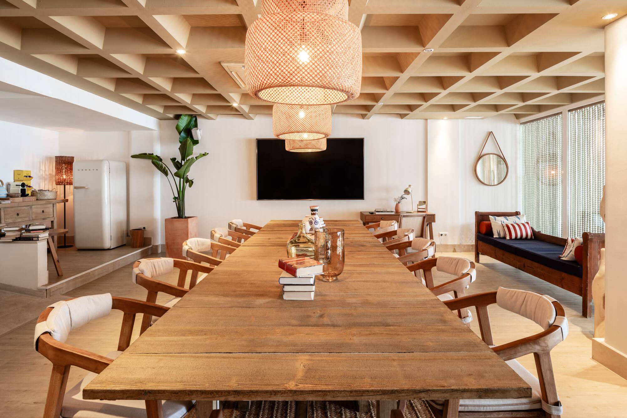 a room with a table and chairs
