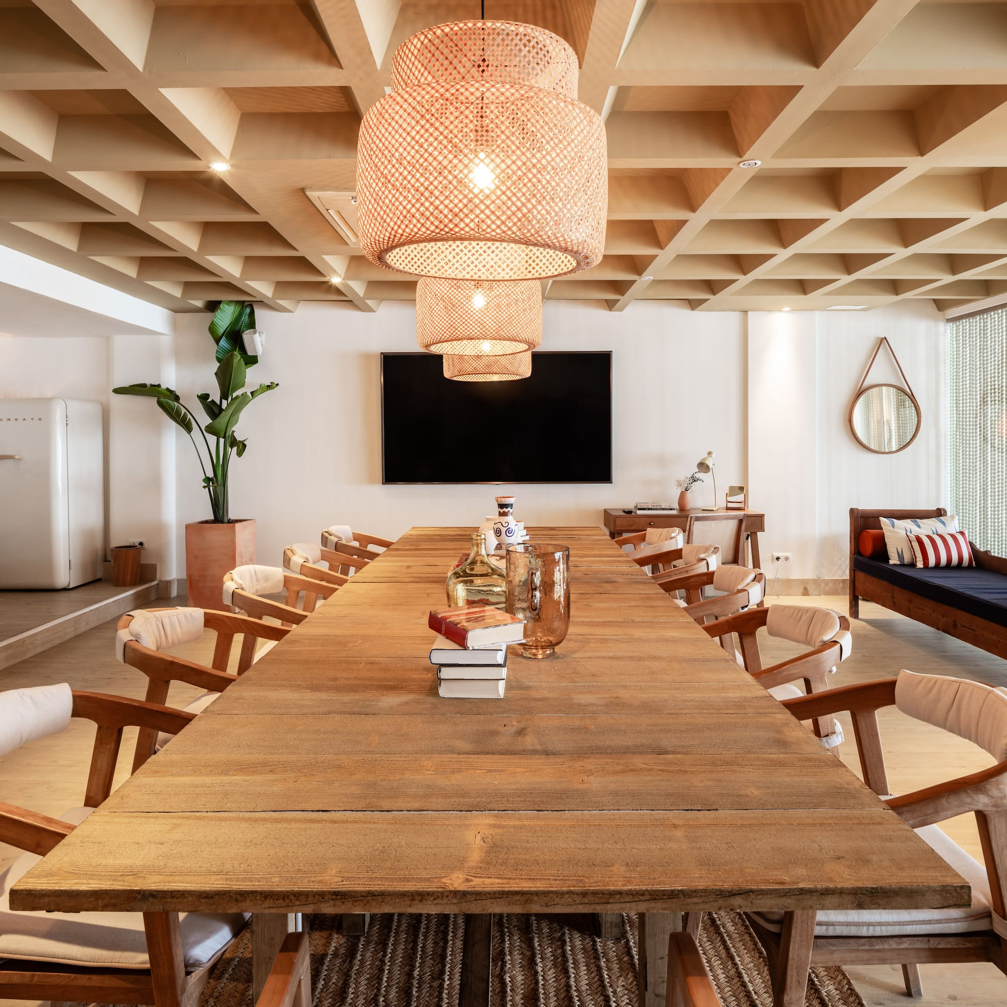 a room with a table and chairs