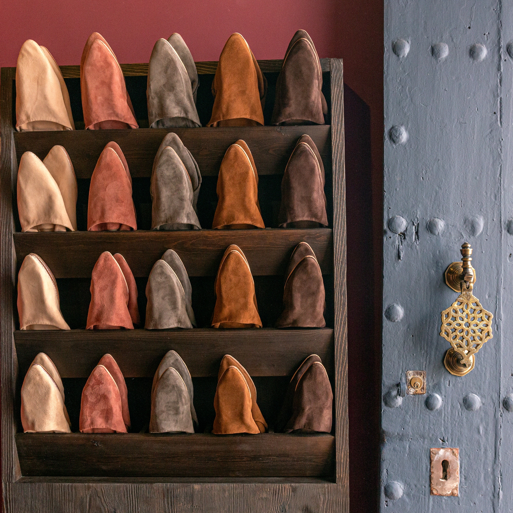 a shelf with shoes on it