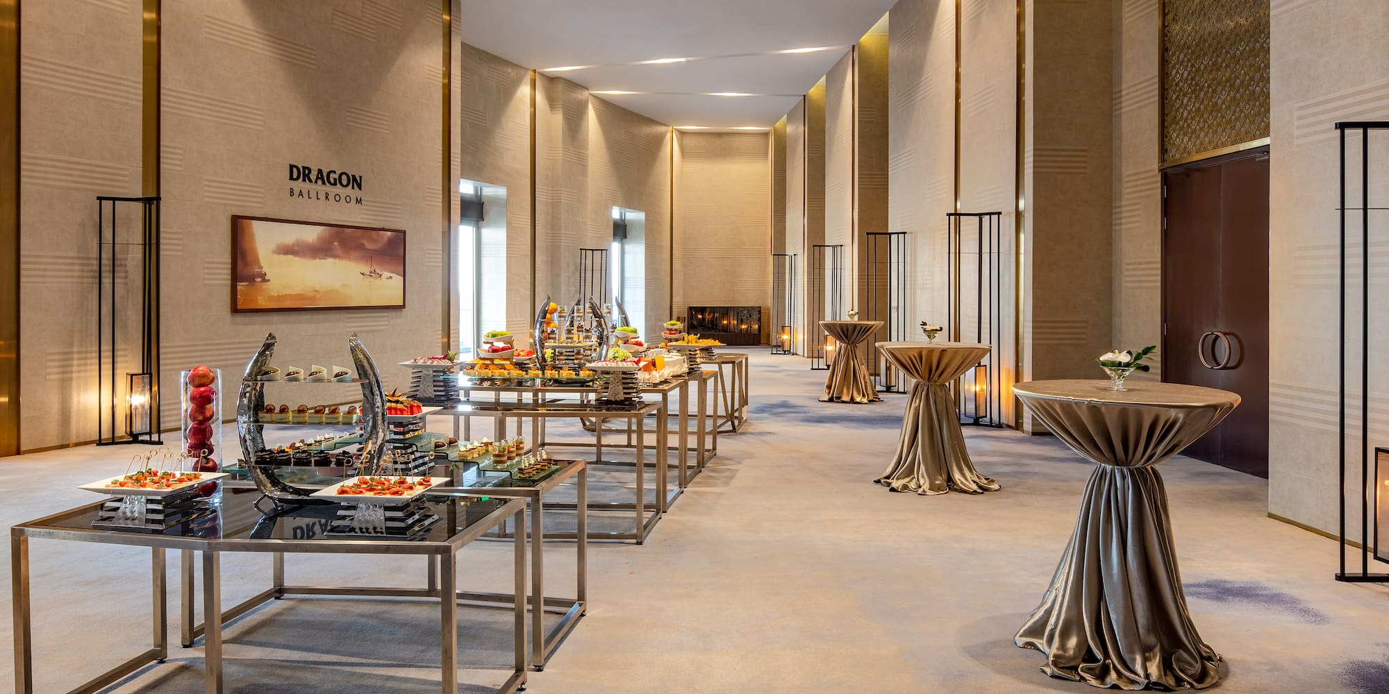 a room with tables and food on it