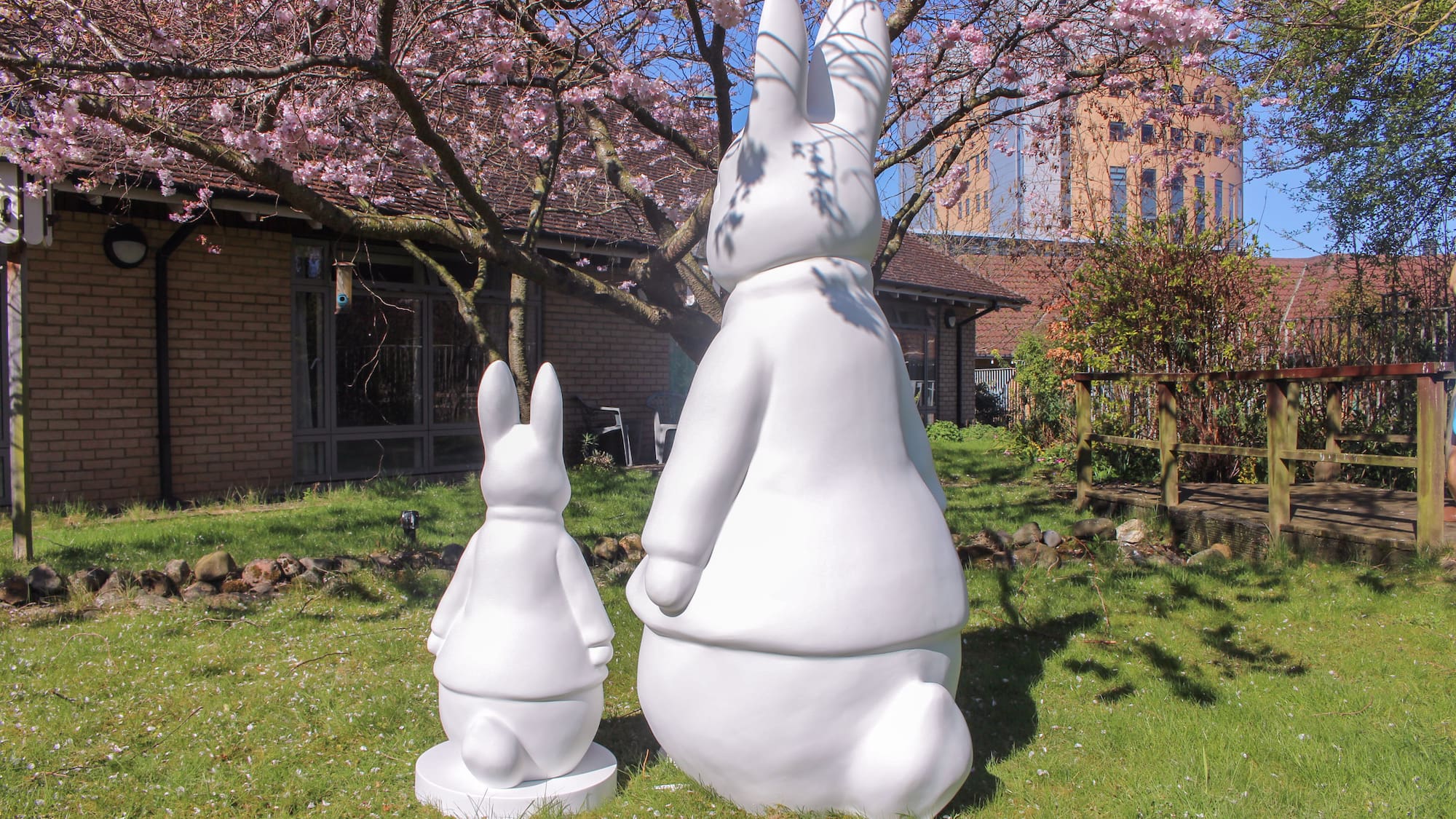 Two white bunny statues on a lawn under a pink cherry blossom tree.