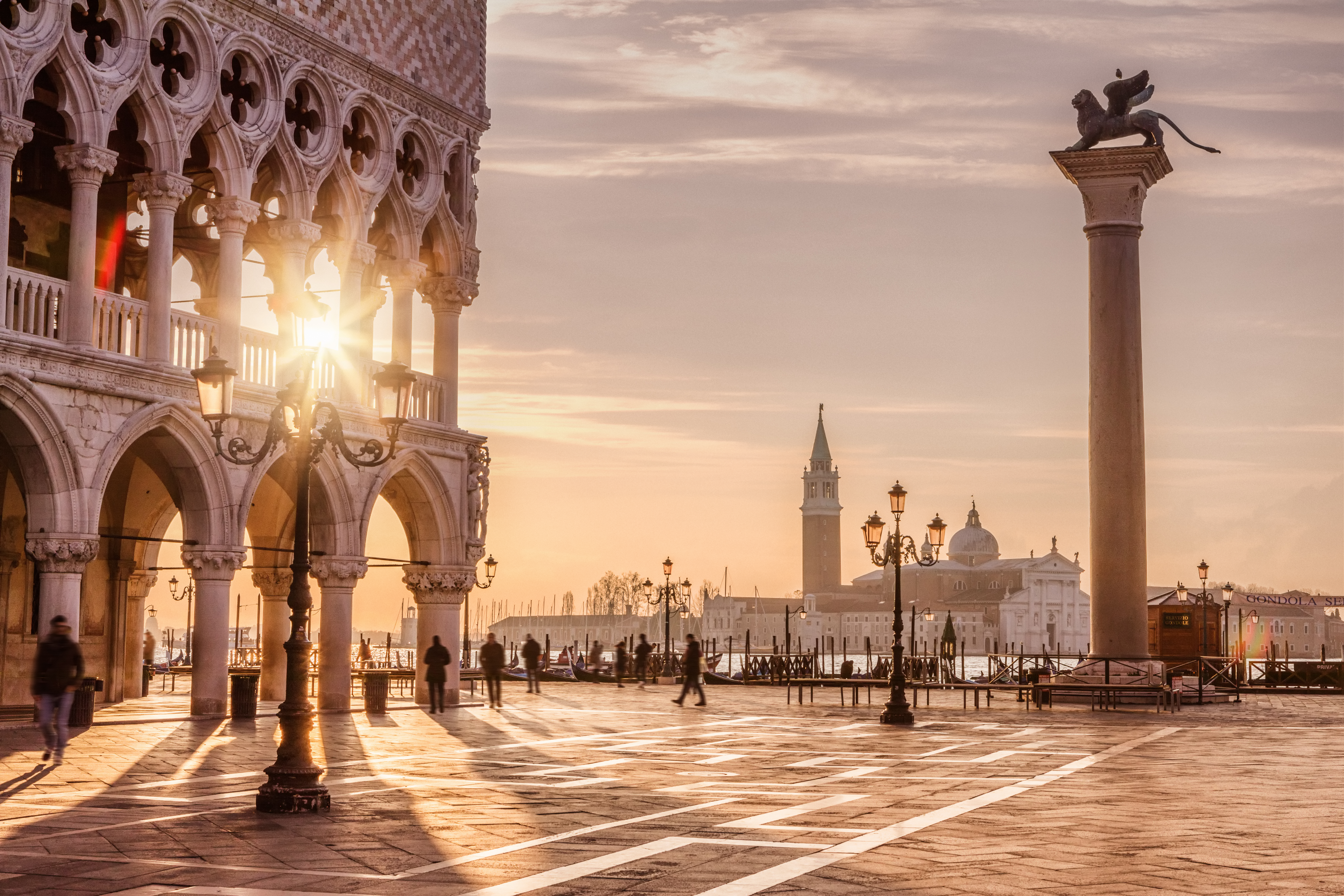 Venice Doge's Palace, St. Mark's Lion, San Giorgio Maggiore at sunrise.