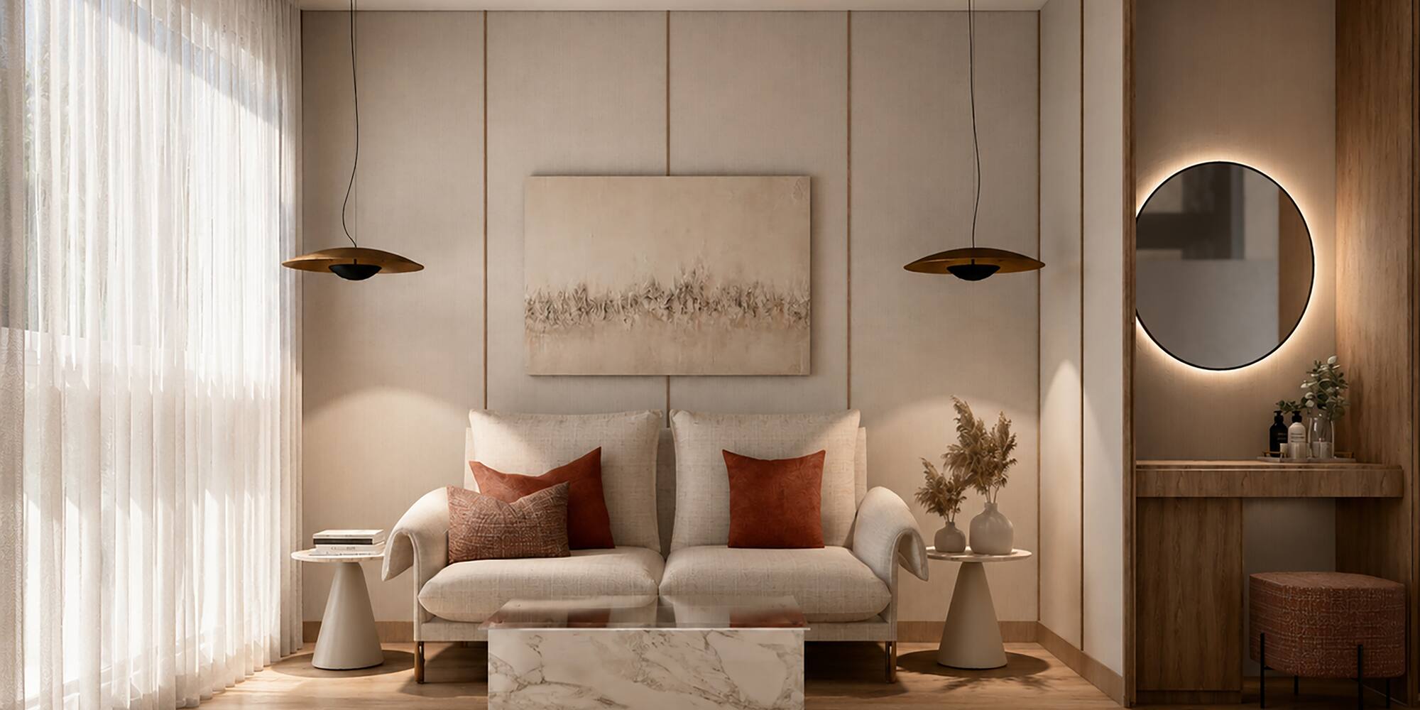 Neutral modern living room with cream sofa, marble table, wood floor.
