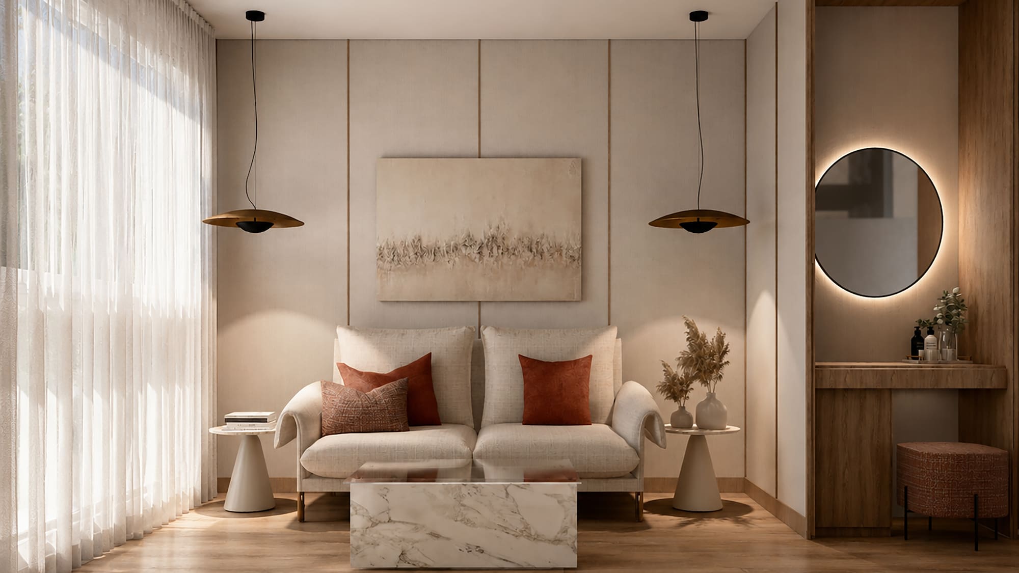 Neutral modern living room with cream sofa, marble table, wood floor.