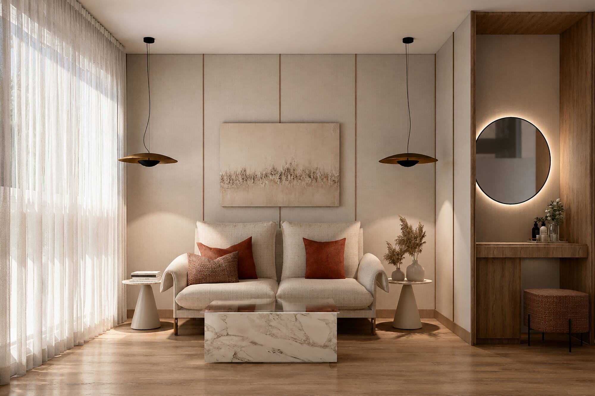Neutral modern living room with cream sofa, marble table, wood floor.
