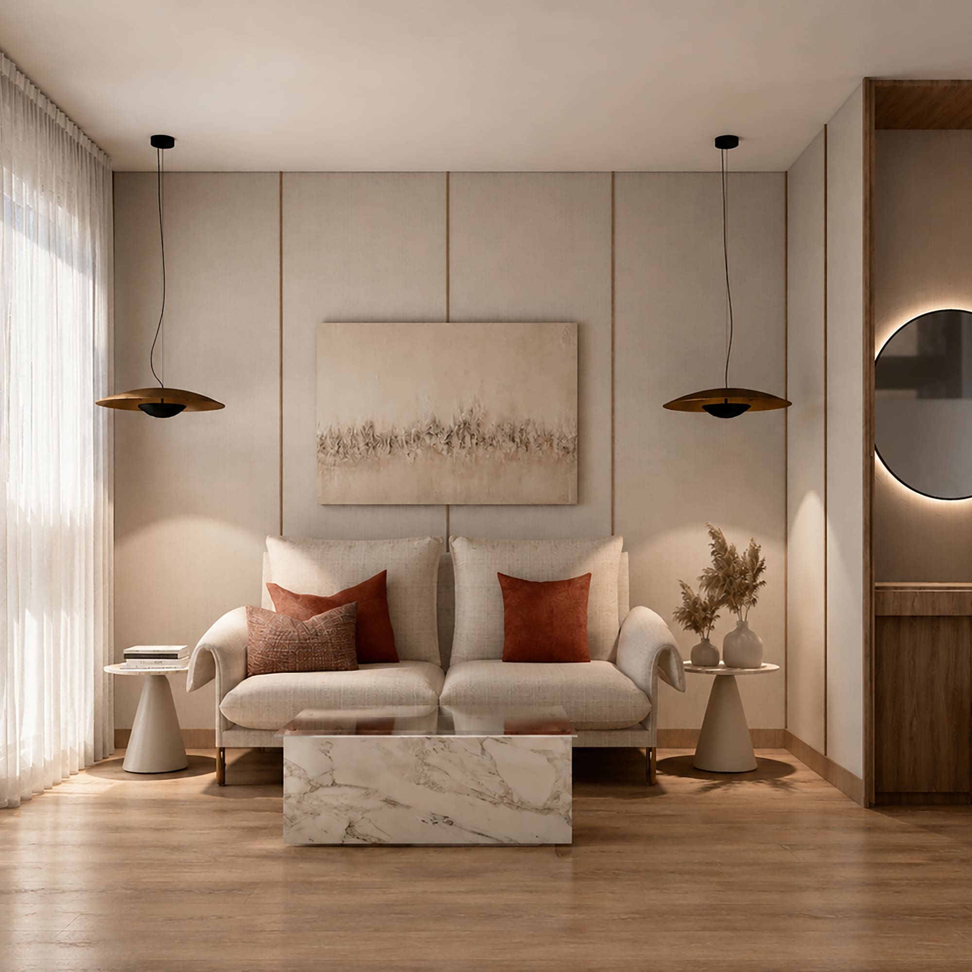 Neutral modern living room with cream sofa, marble table, wood floor.