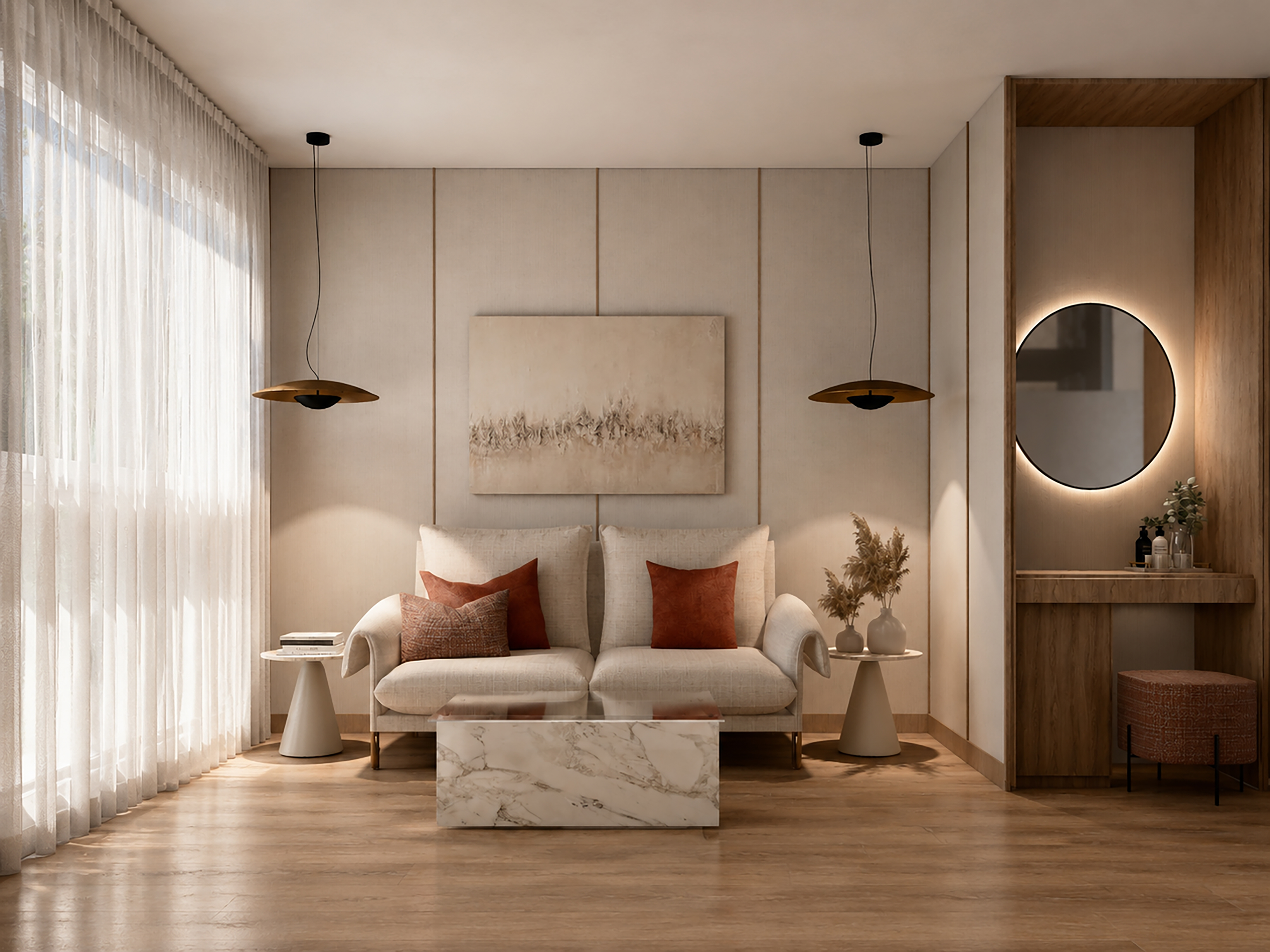 Neutral modern living room with cream sofa, marble table, wood floor.