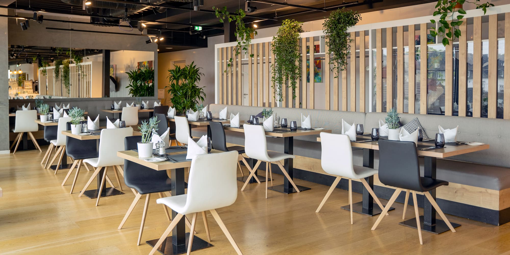 a room with tables and chairs