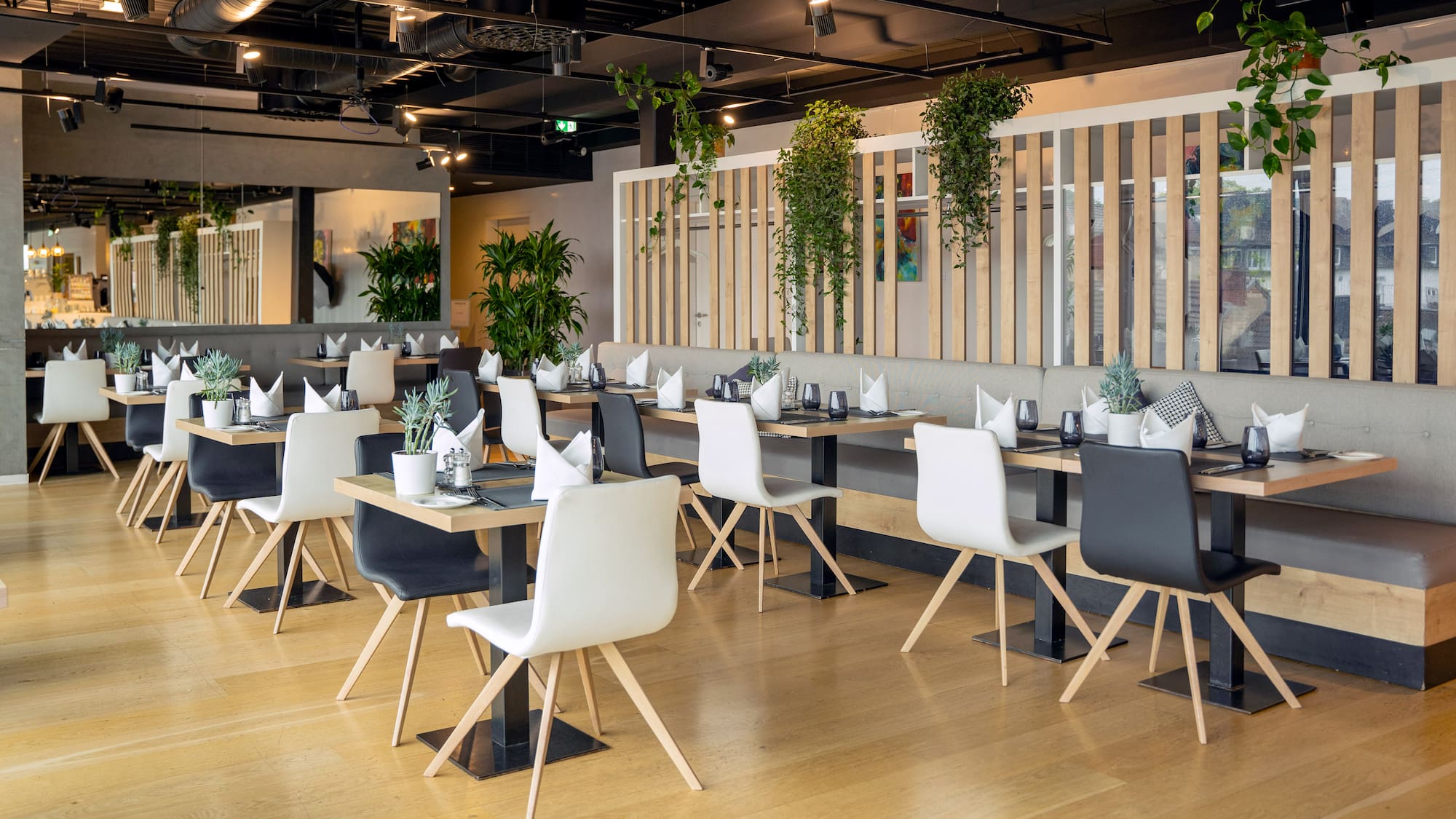 a room with tables and chairs