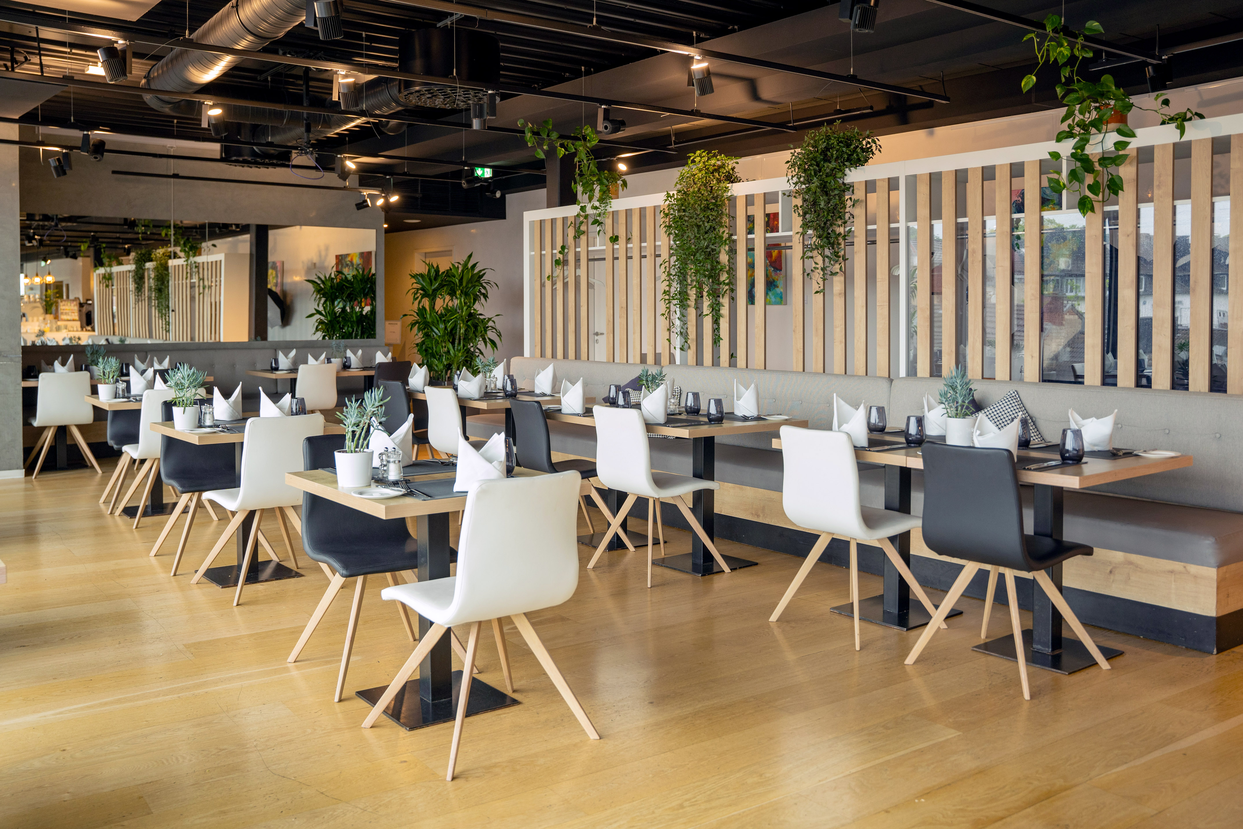 Contemporary restaurant interior with set tables, modern chairs, and hanging plants.