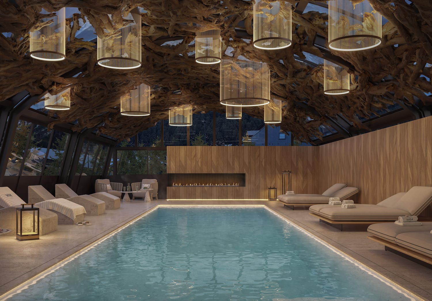 a indoor pool with a large ceiling and chandeliers