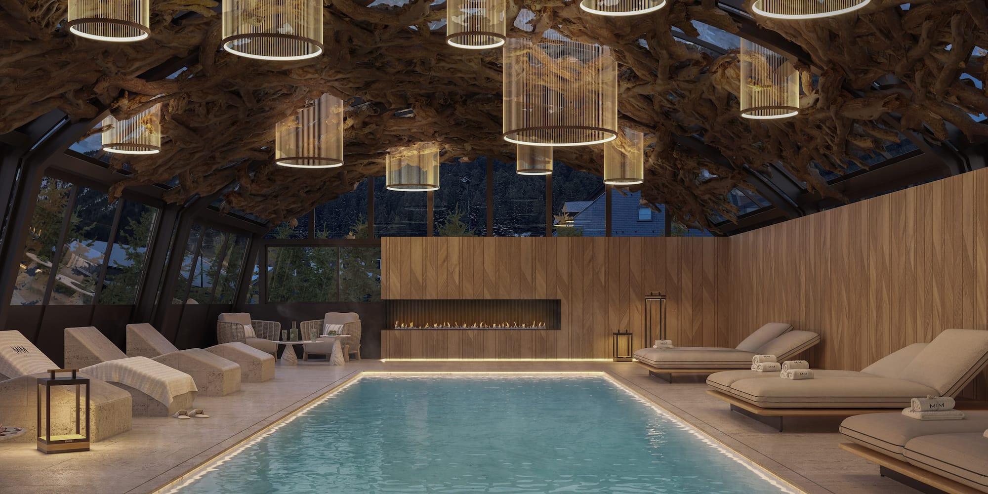 a indoor pool with a large ceiling and chandeliers