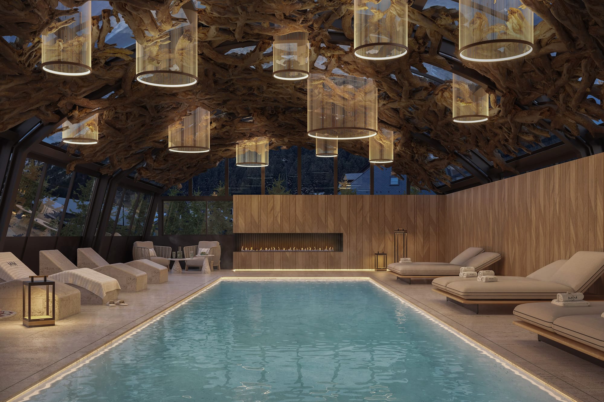 a indoor pool with a large ceiling and chandeliers