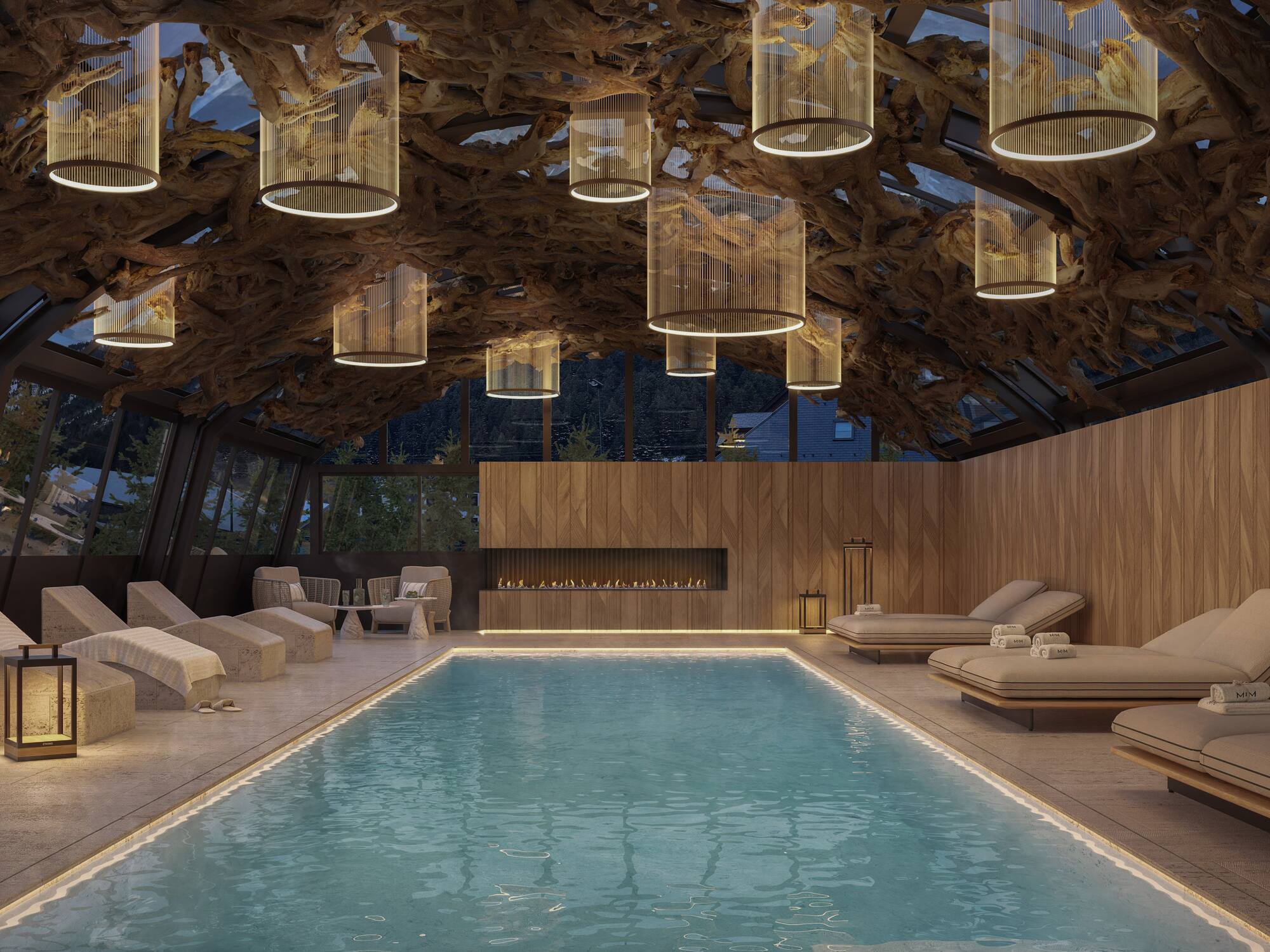 a indoor pool with a large ceiling and chandeliers