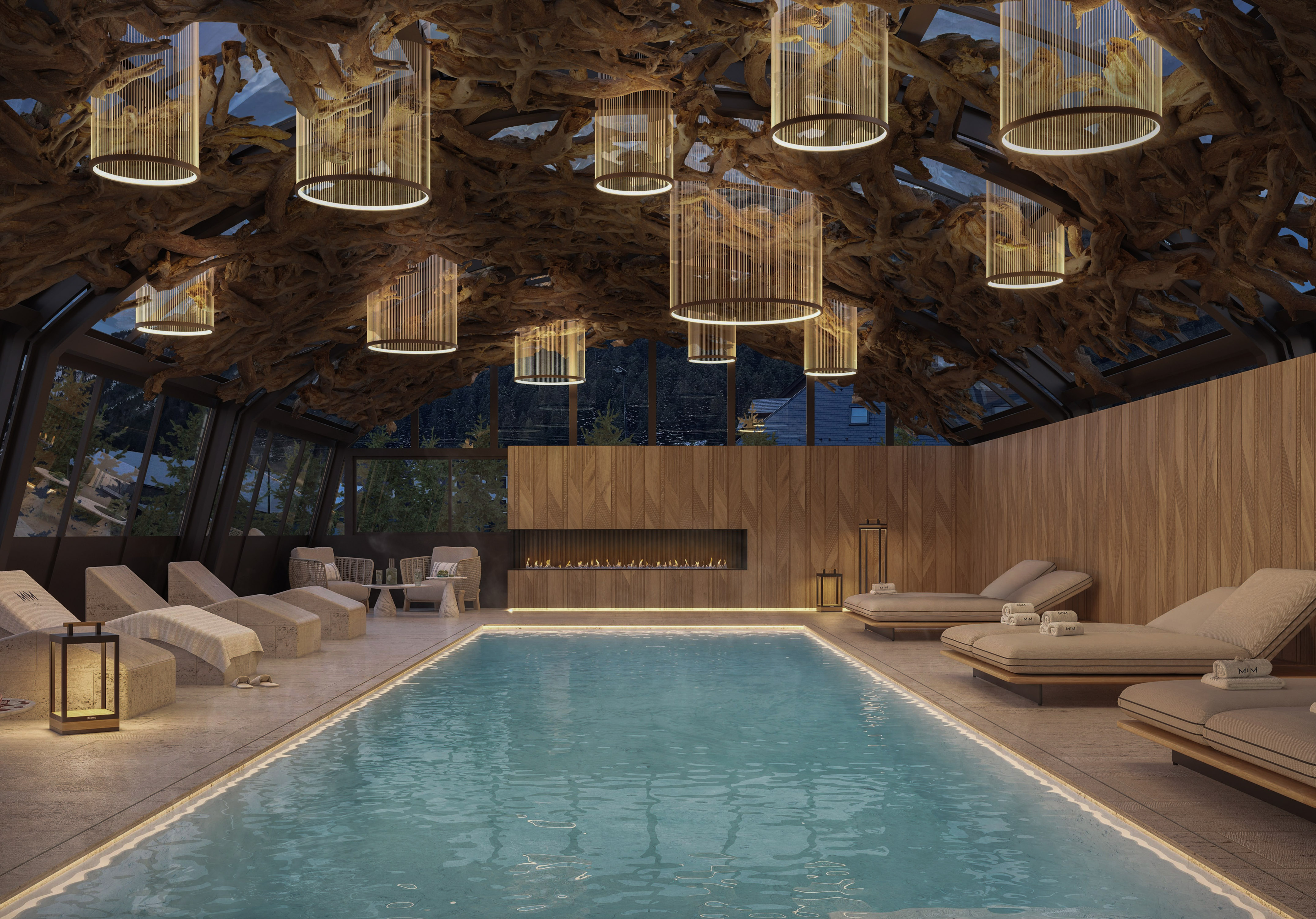 a indoor pool with a large ceiling and chandeliers