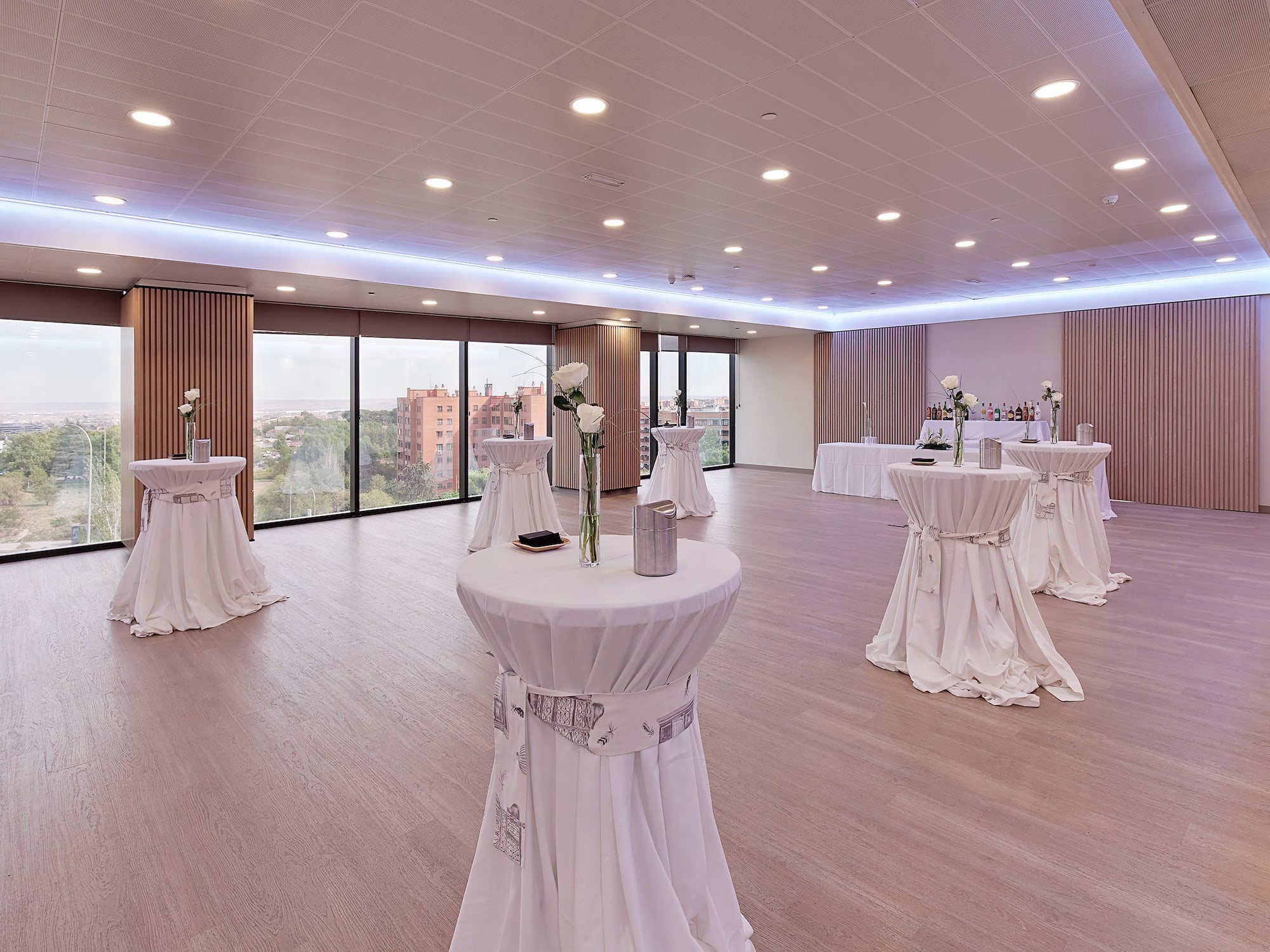 a room with tables and chairs