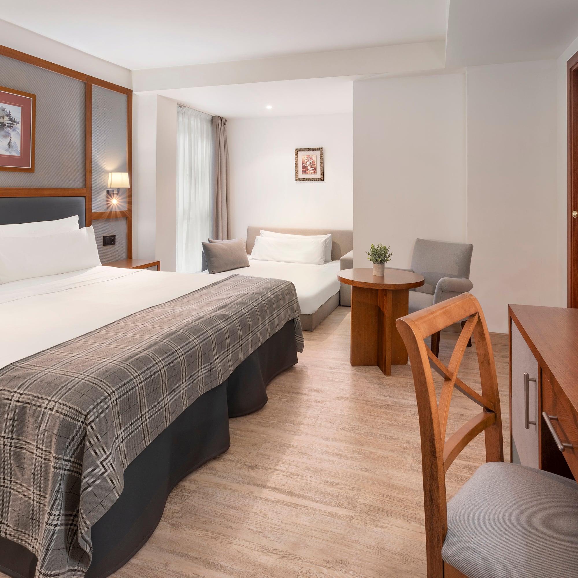 a room with a bed and a table