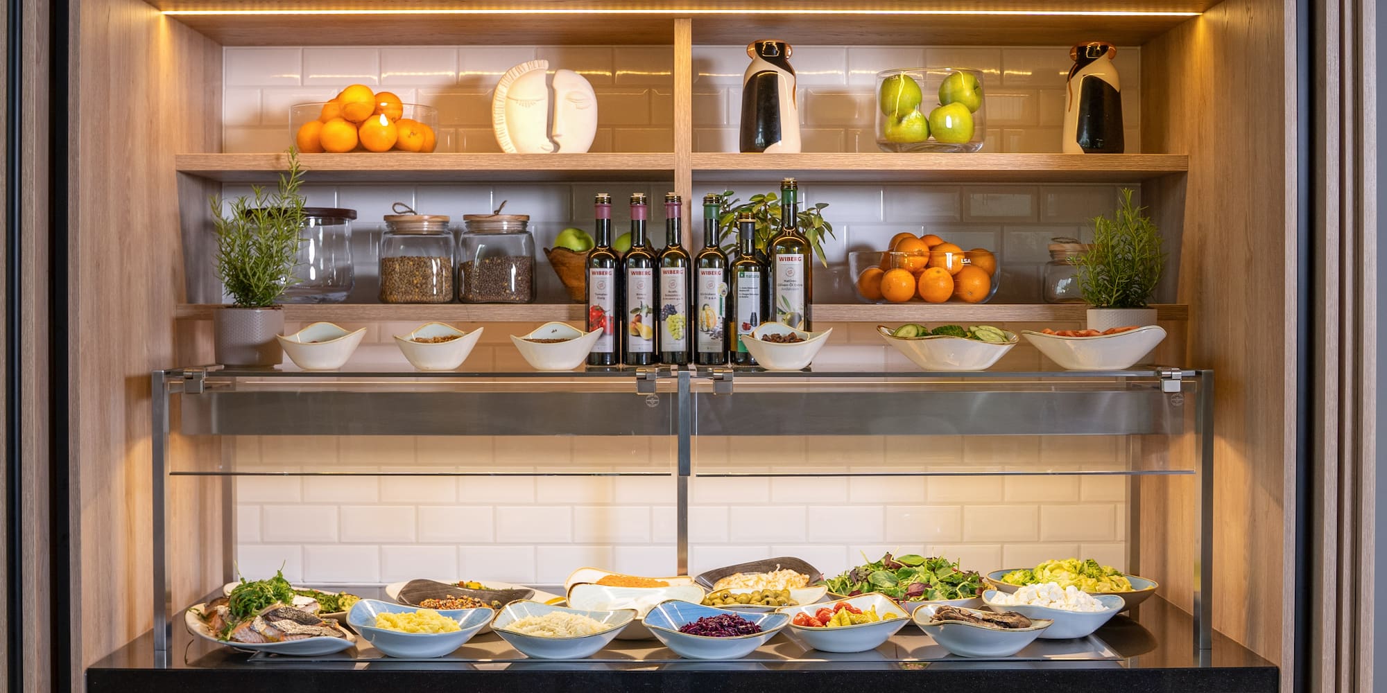 a buffet with food on shelves