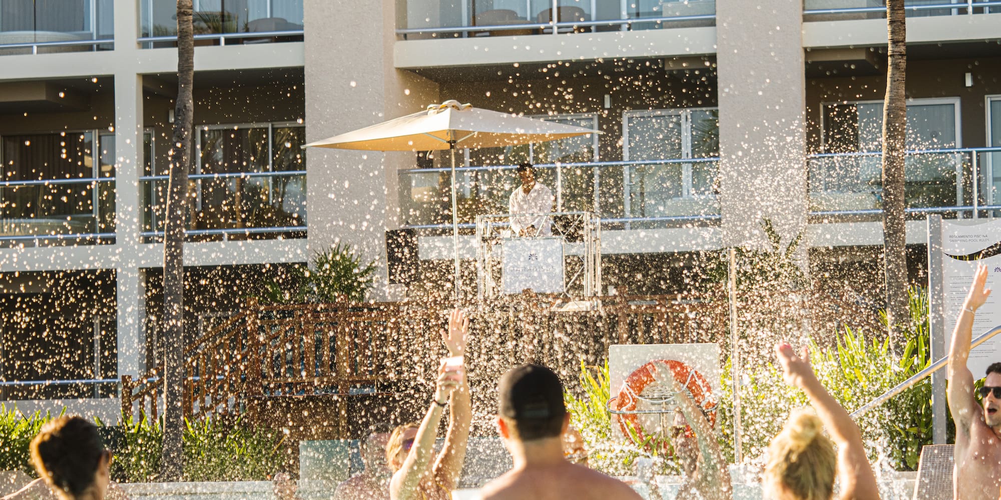 a group of people in a pool