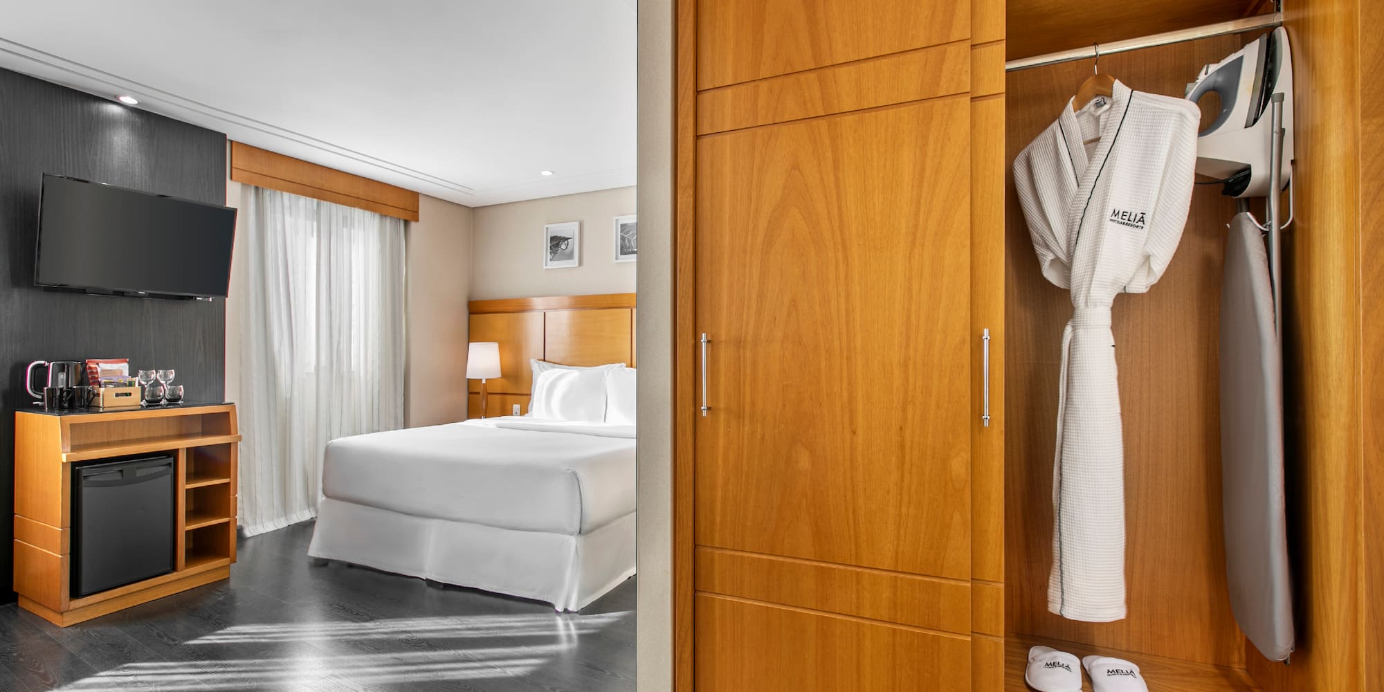 a room with a bed and a white robe