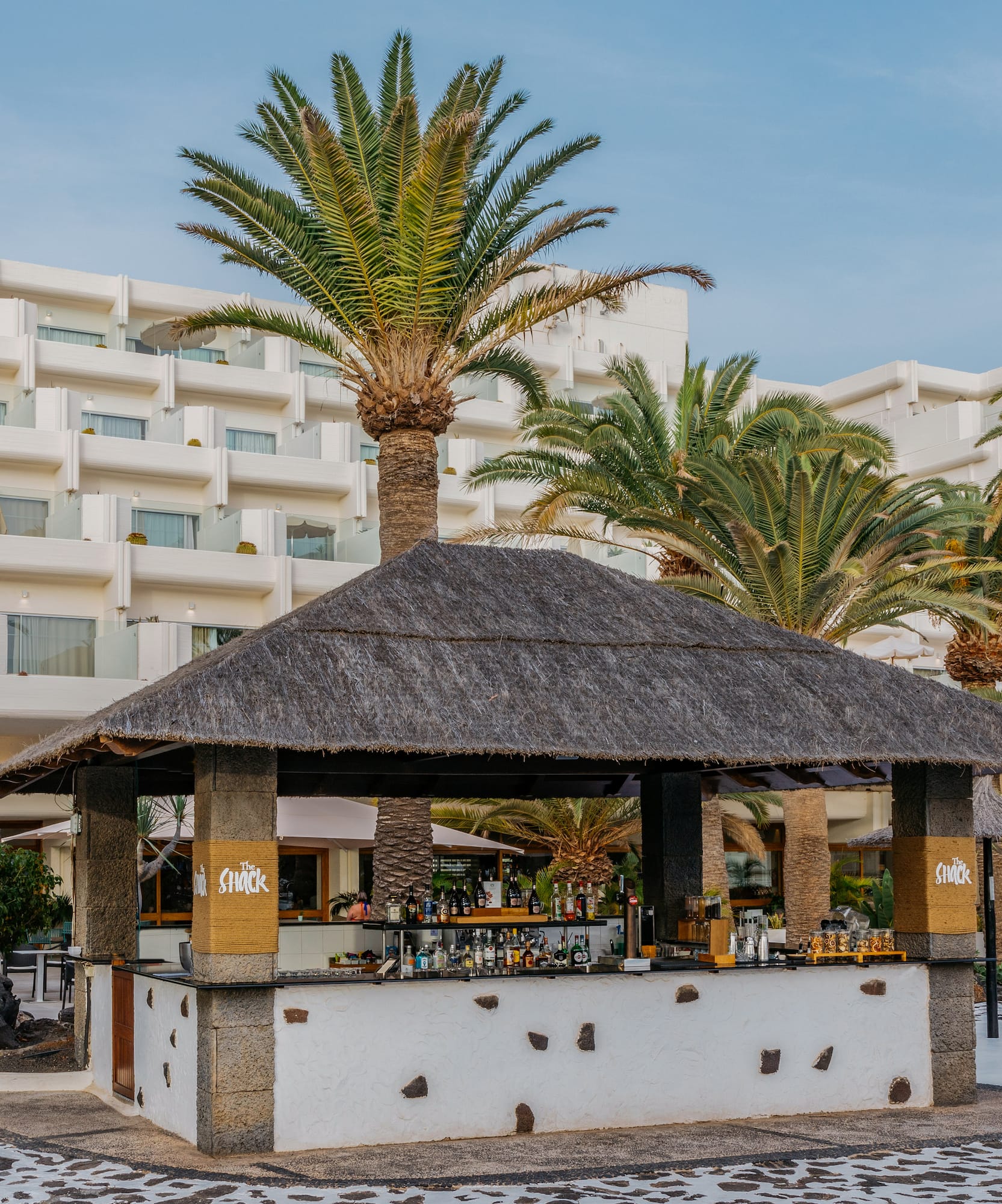 a bar with a straw roof and palm trees