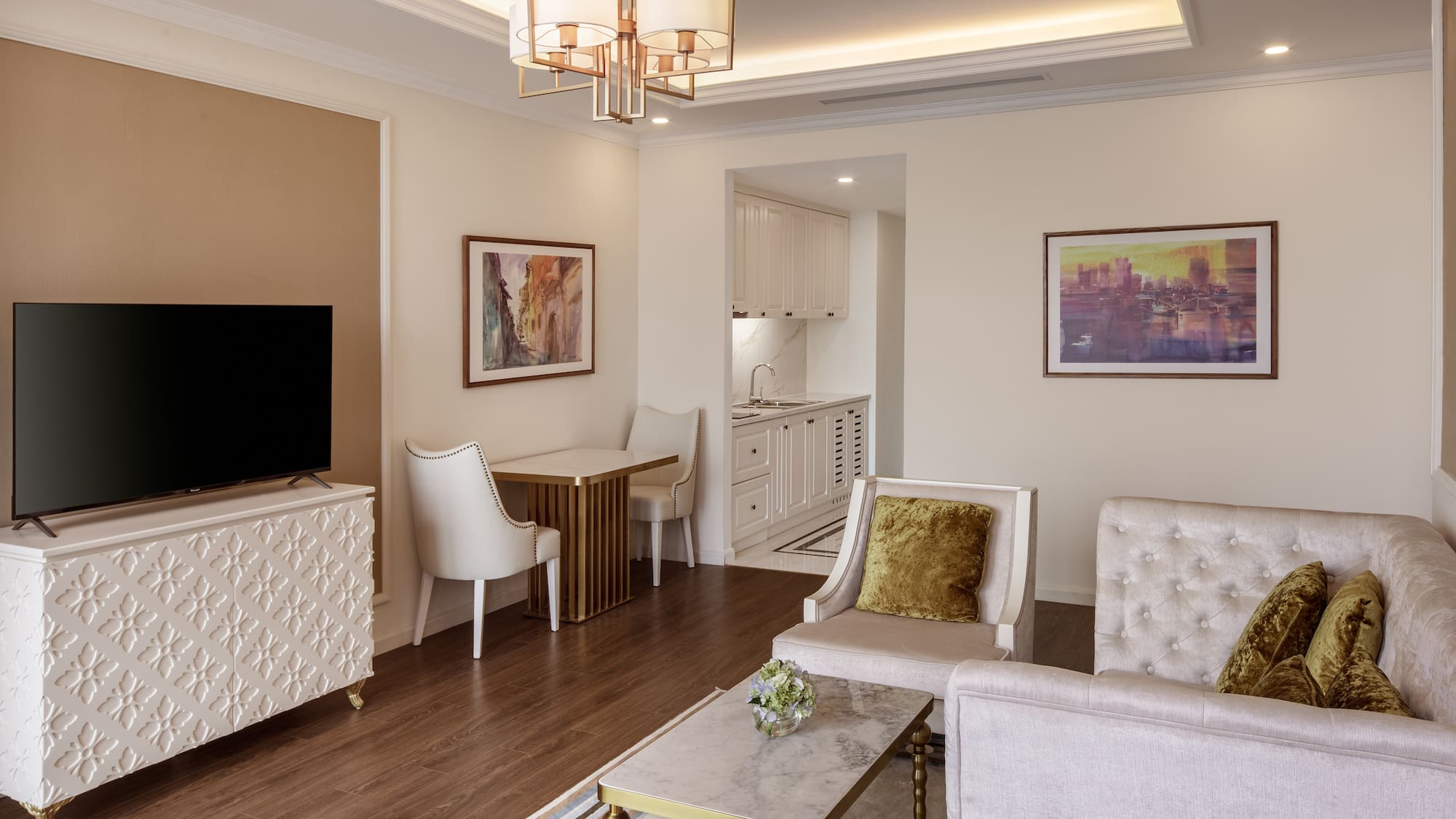 a living room with a tv and furniture