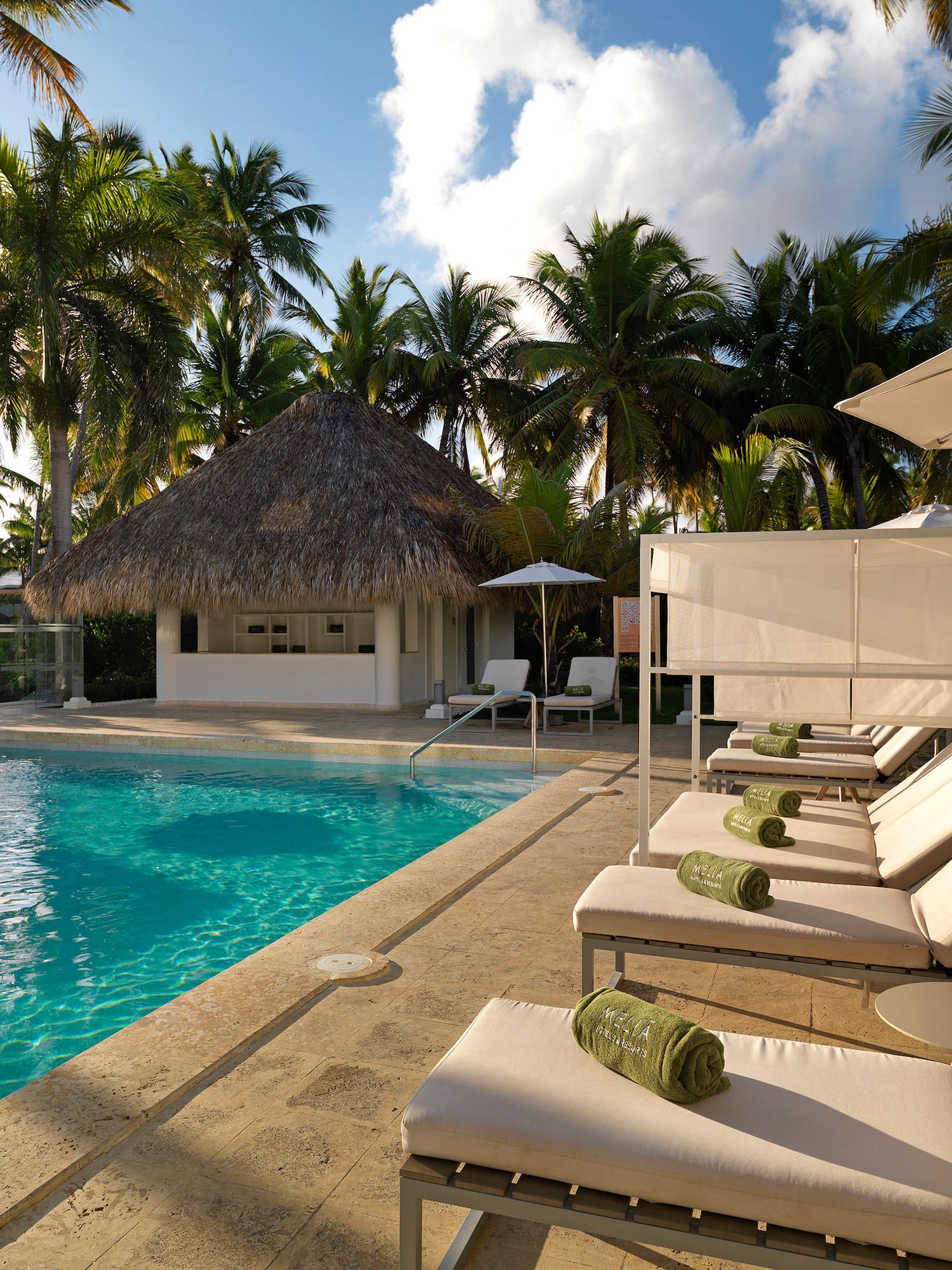 Resort swimming pool with sun loungers, palm trees, and a thatched cabana.