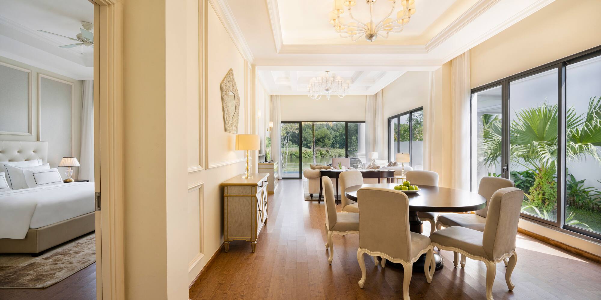 a room with a table and chairs