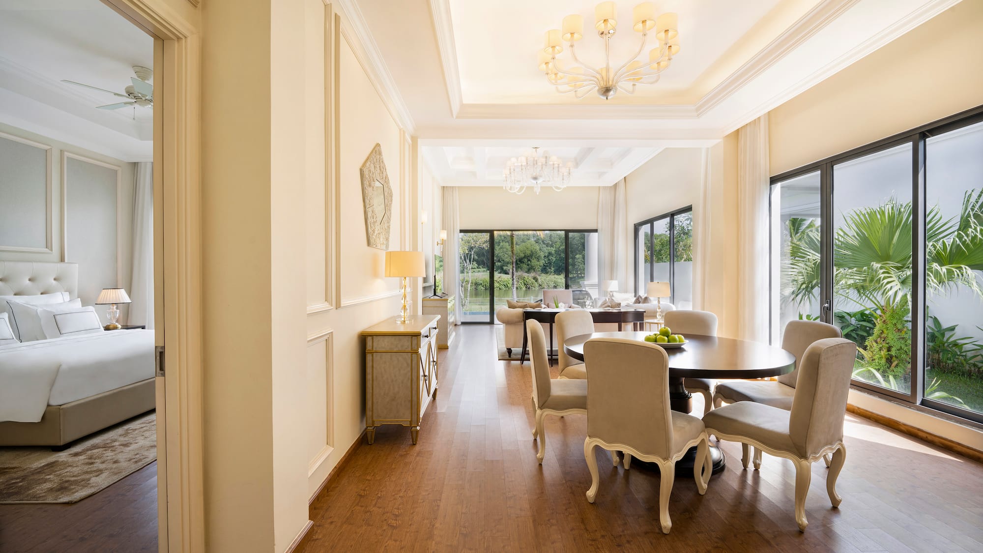 a room with a table and chairs