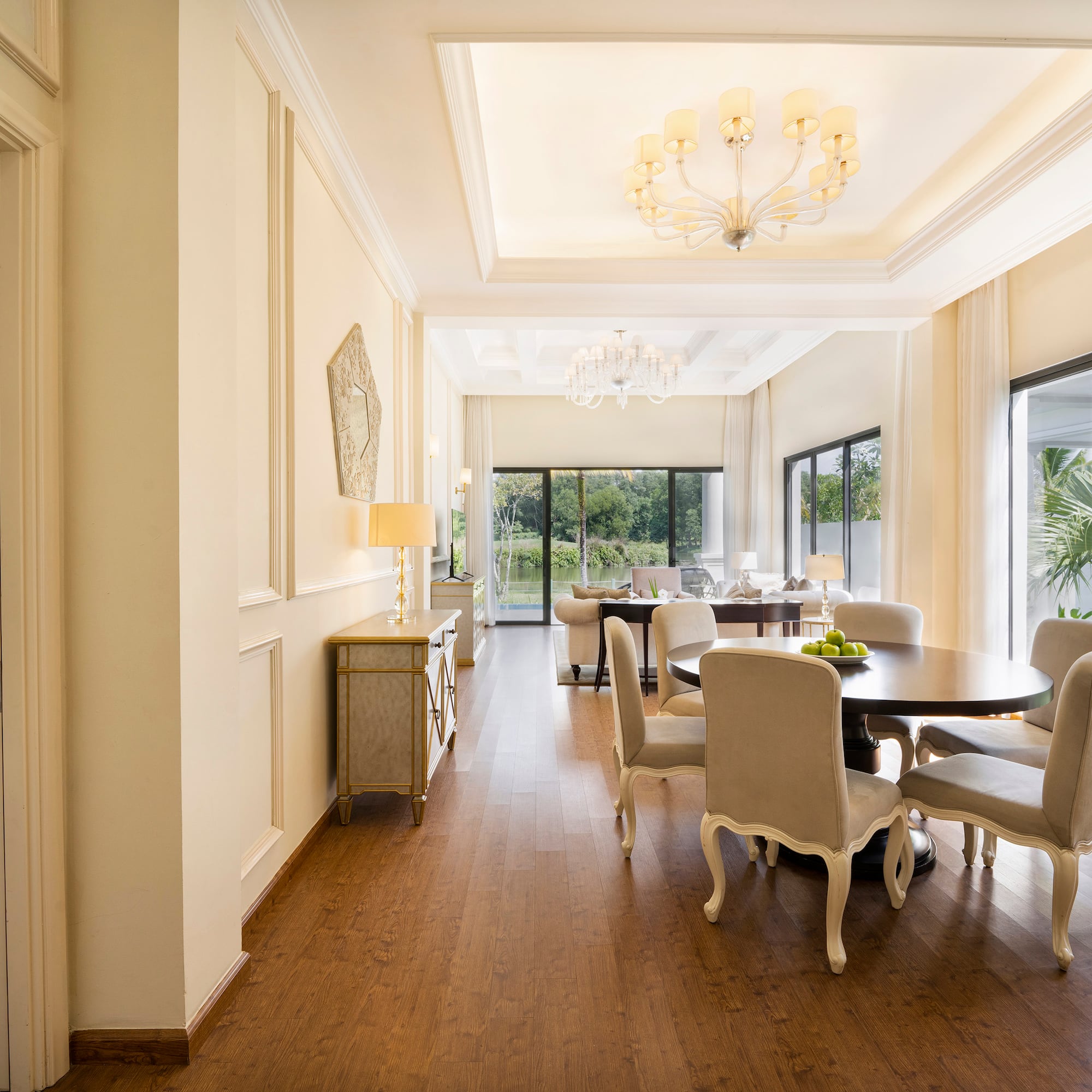 a room with a table and chairs