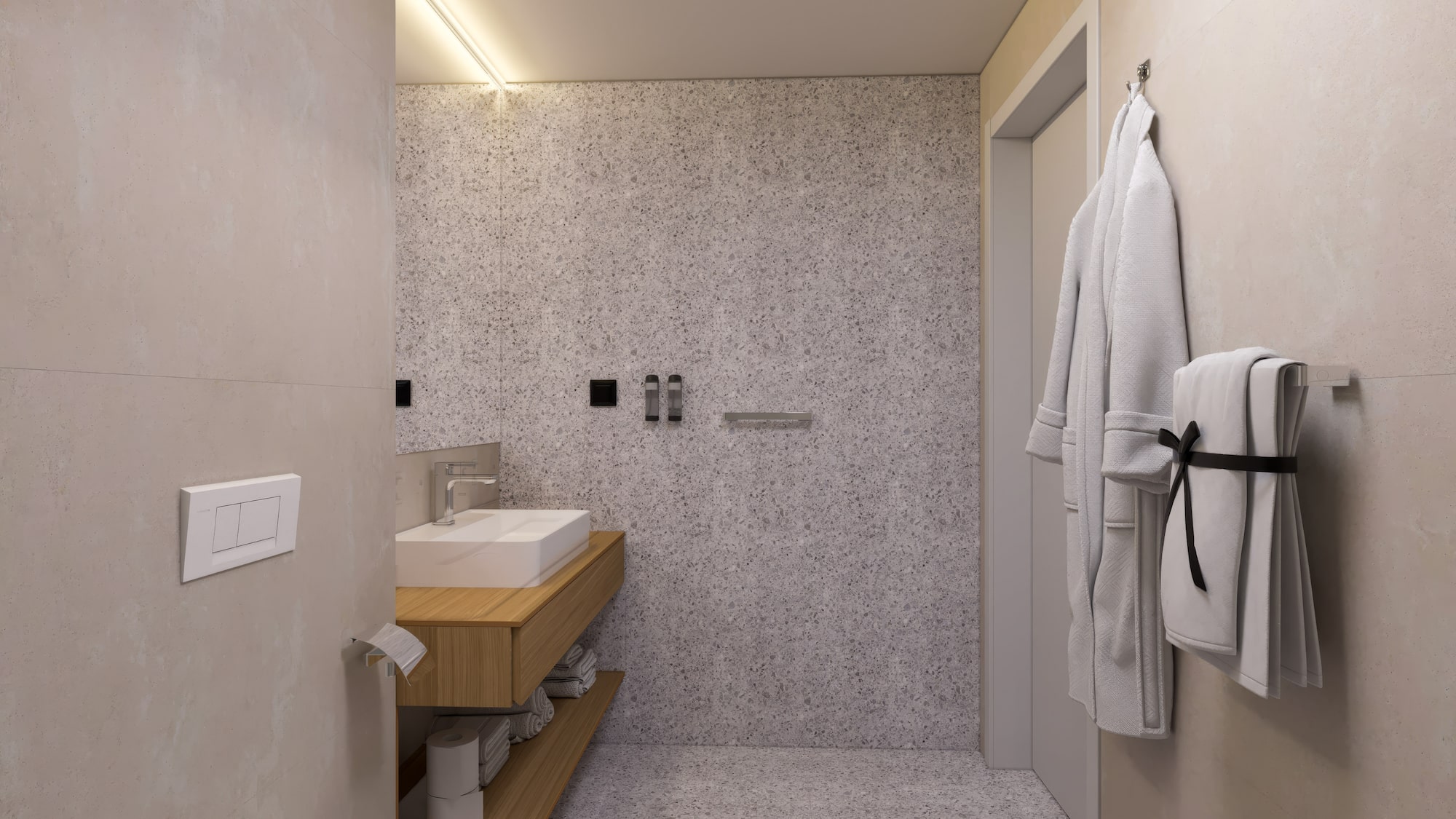 a bathroom with a sink and a towel on the wall