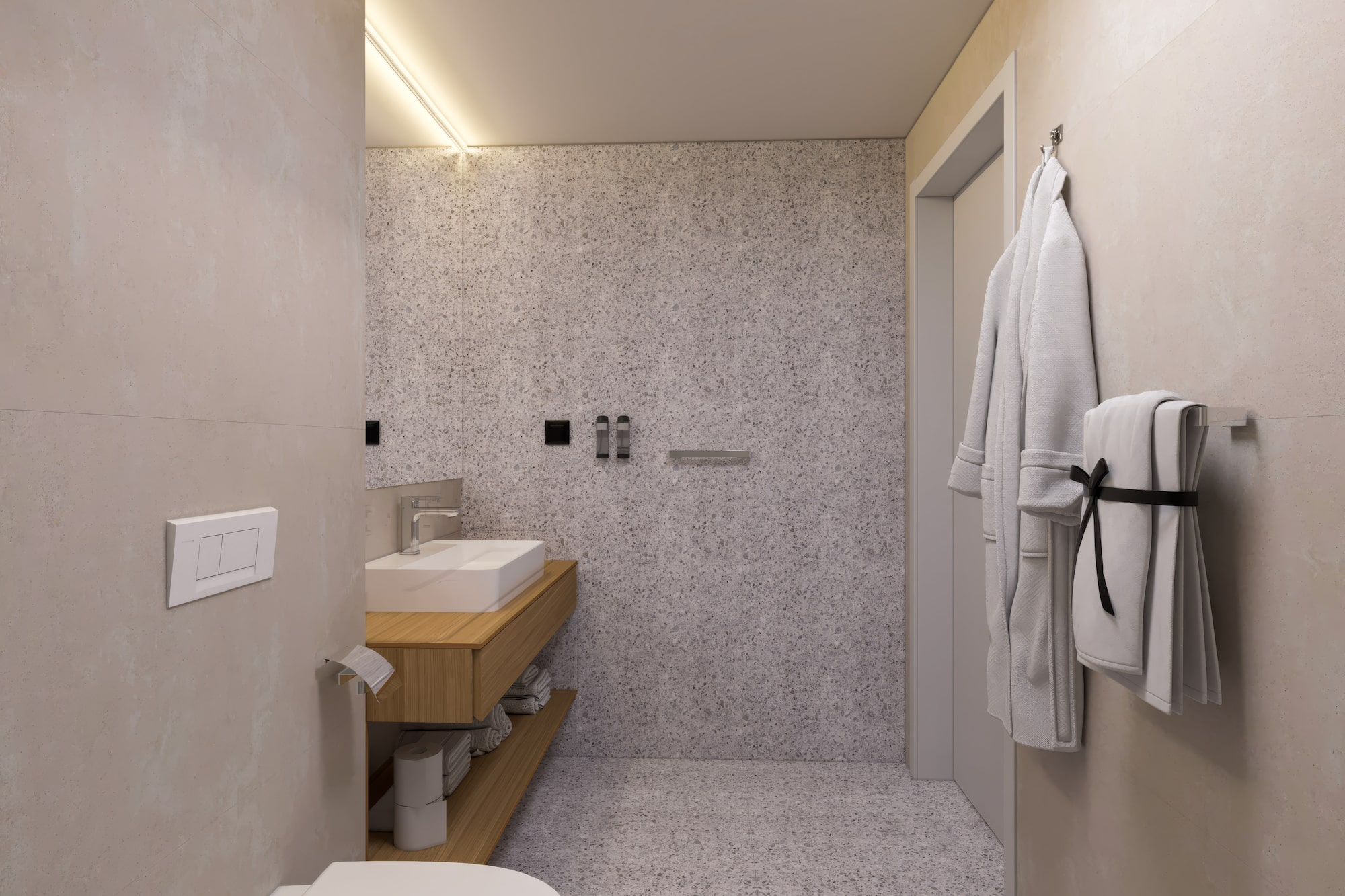 a bathroom with a sink and a towel on the wall