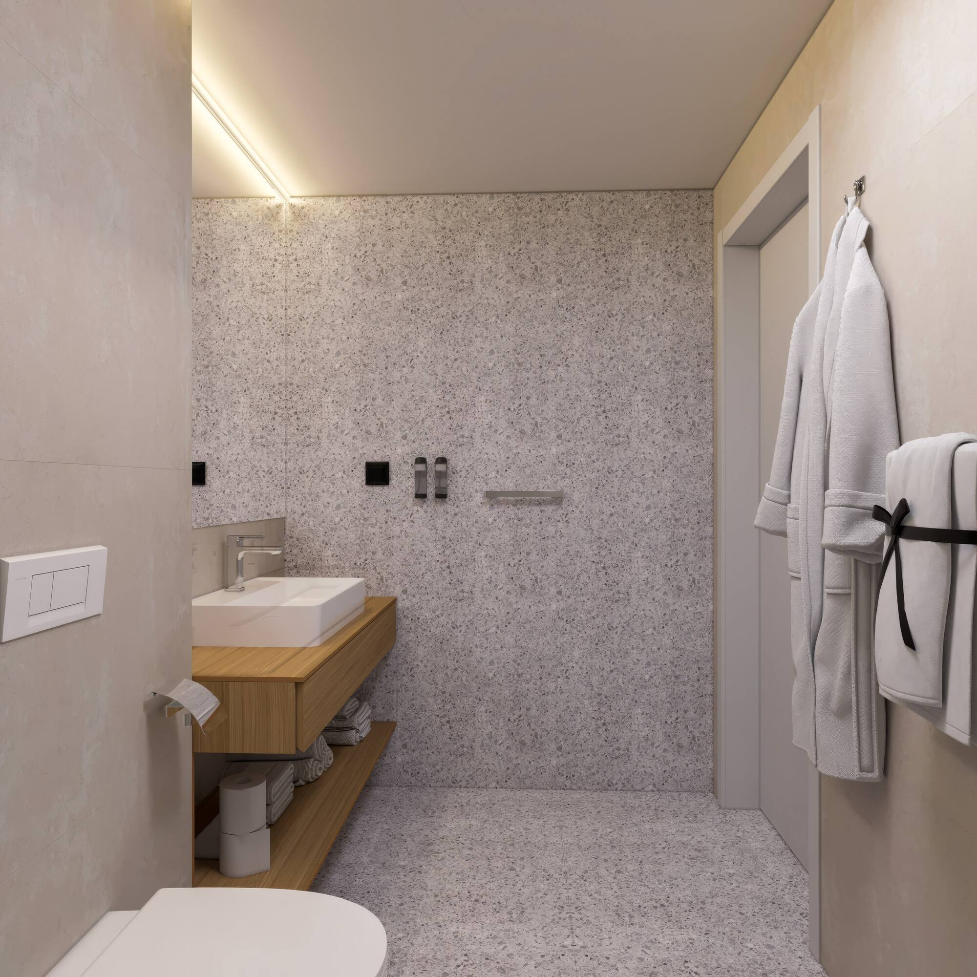 a bathroom with a sink and a towel on the wall